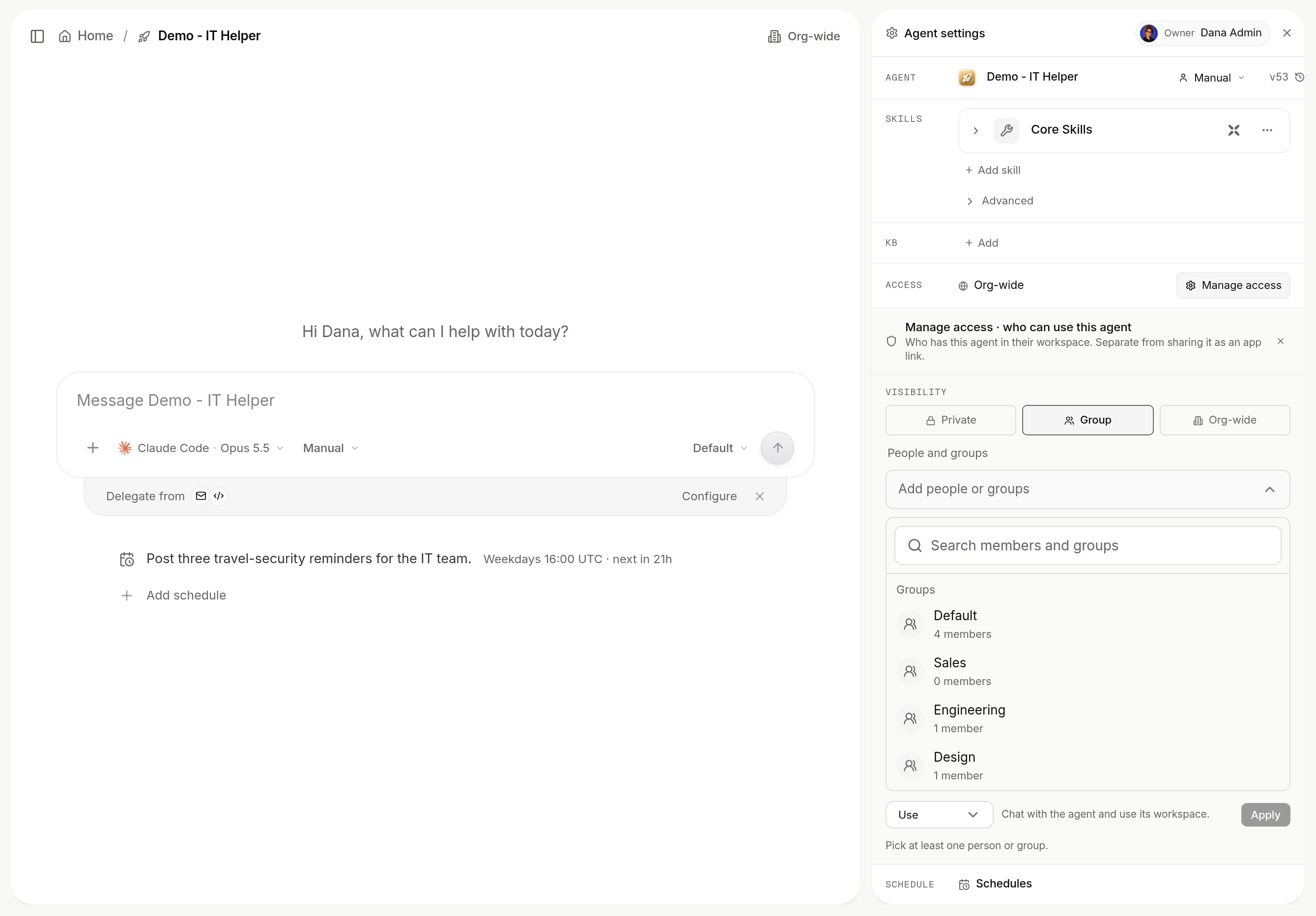 Agent settings with Manage access open, Visibility set to Group, and the Add people or groups picker listing the Default, Sales, Engineering and Design groups