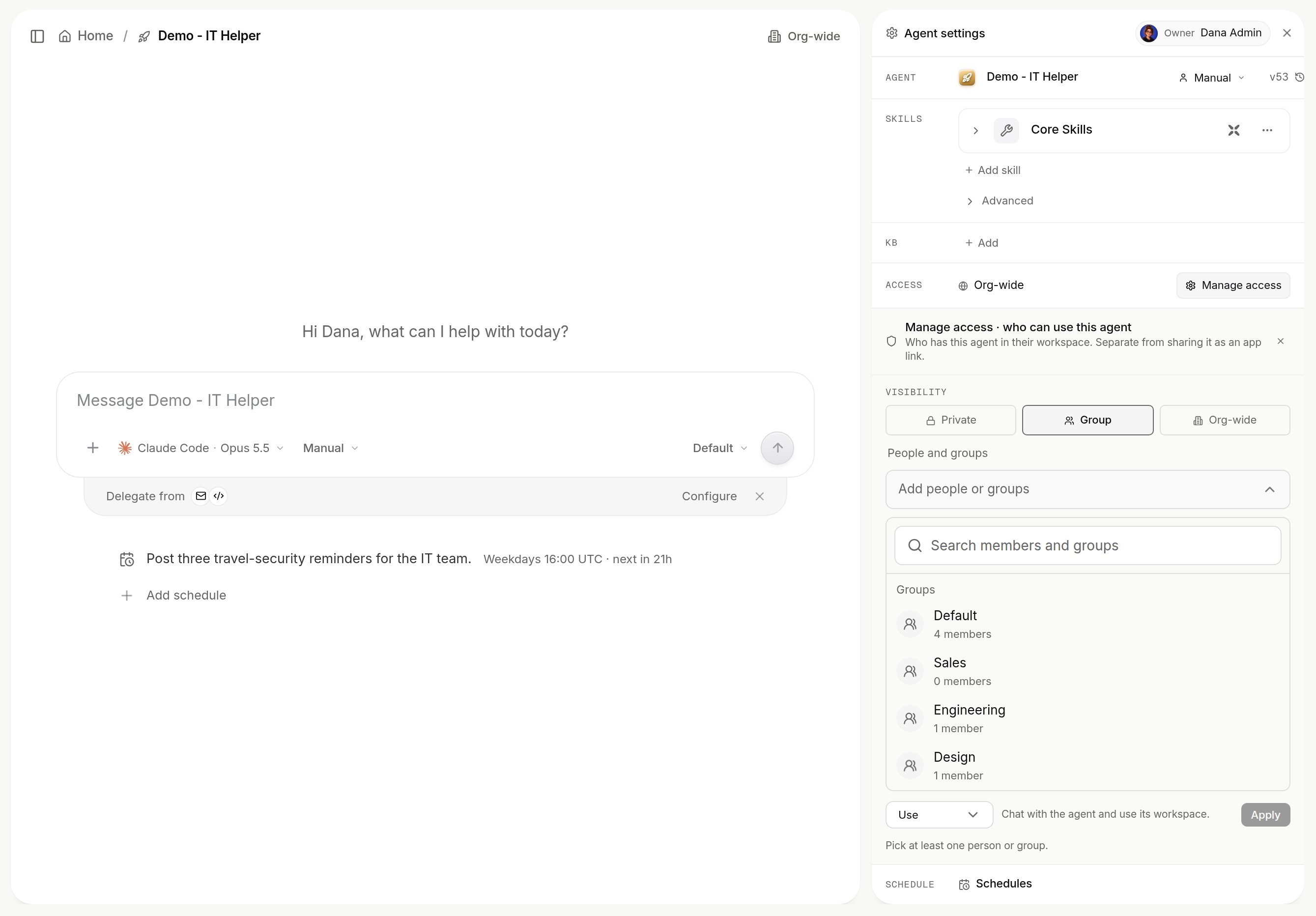 Agent settings with Manage access open, Visibility set to Group, and the Add people or groups picker listing the Default, Sales, Engineering and Design groups