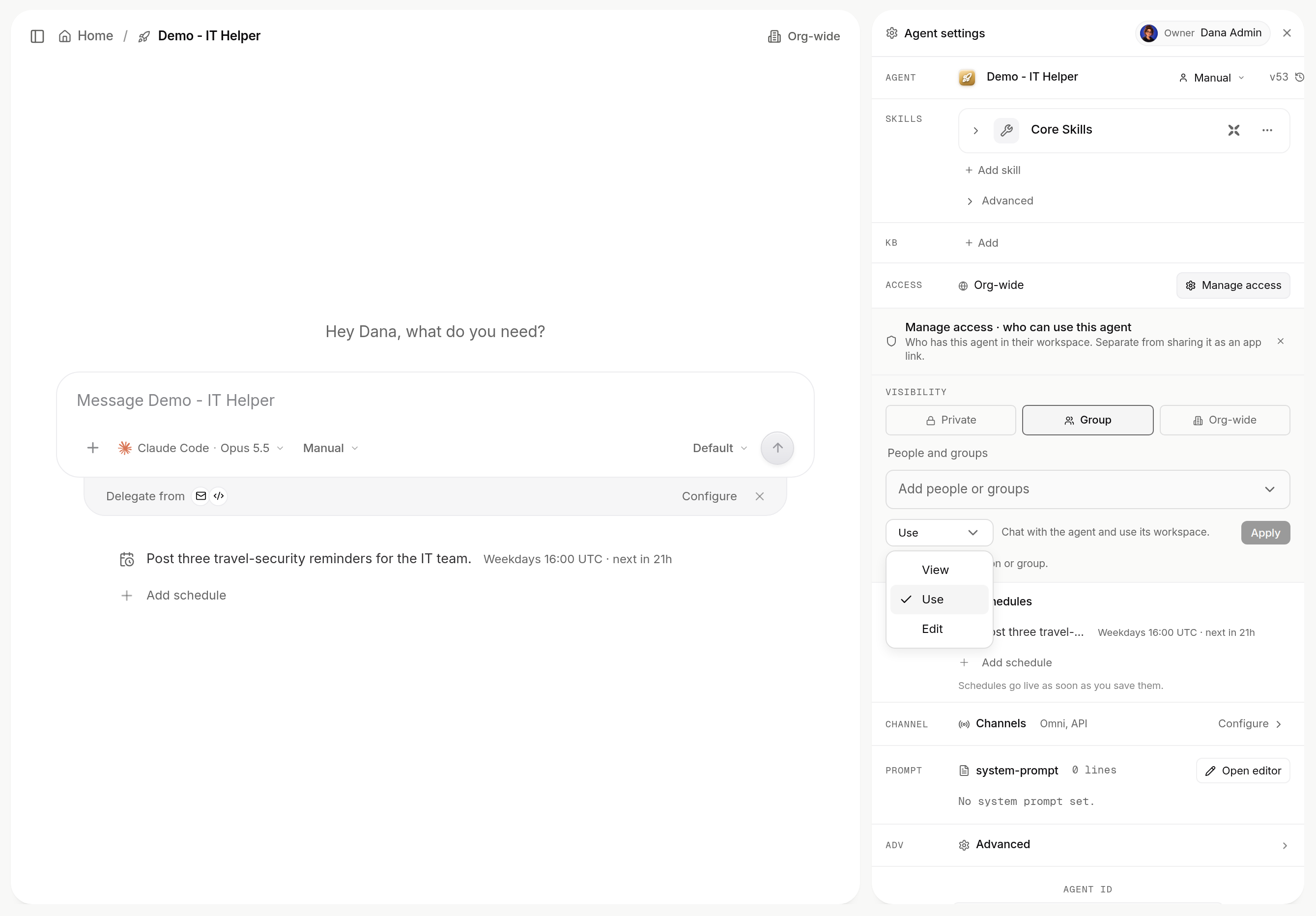 Permission dropdown under Manage access open with View, Use (selected) and Edit, next to the Apply button