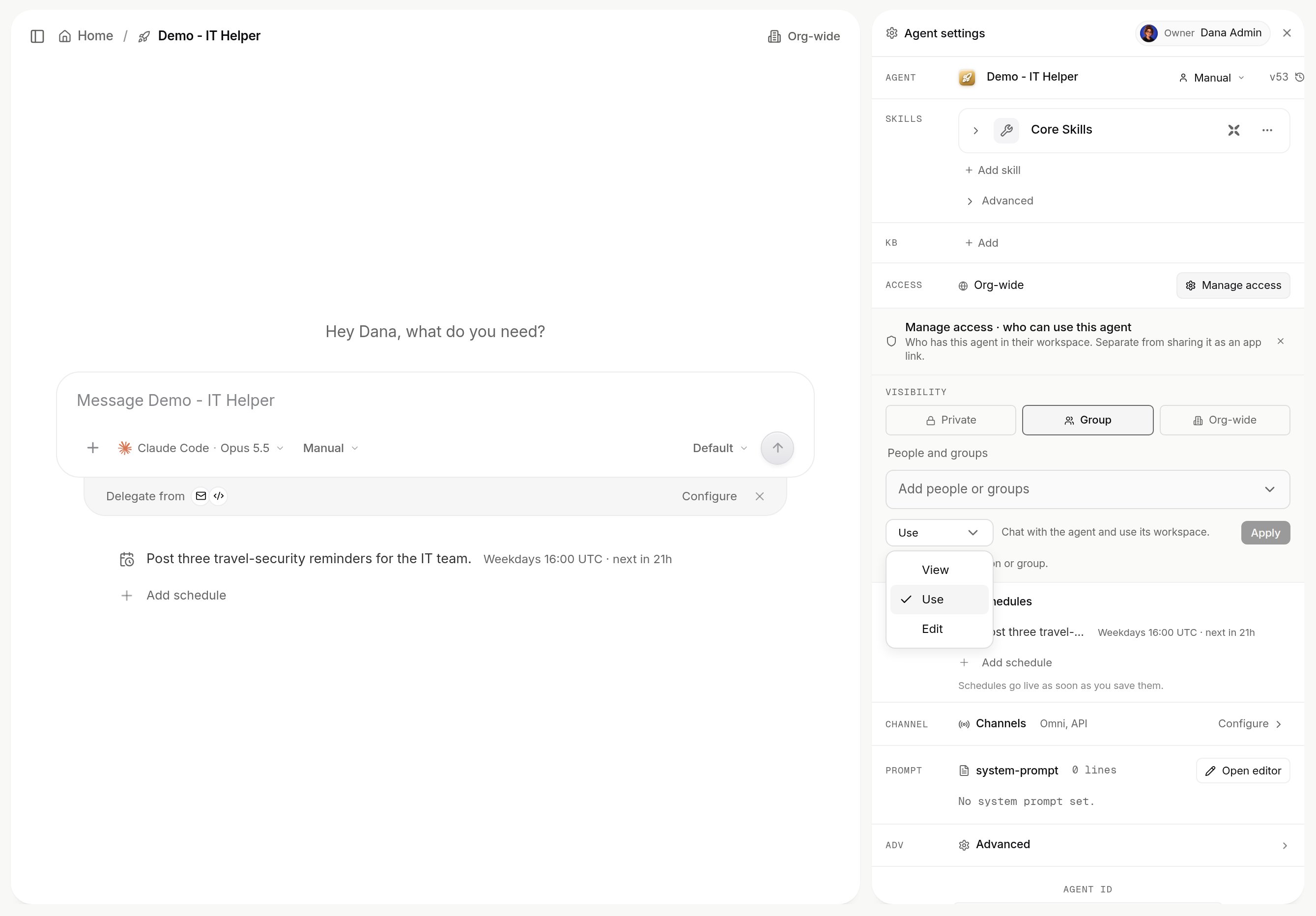 Permission dropdown under Manage access open with View, Use (selected) and Edit, next to the Apply button