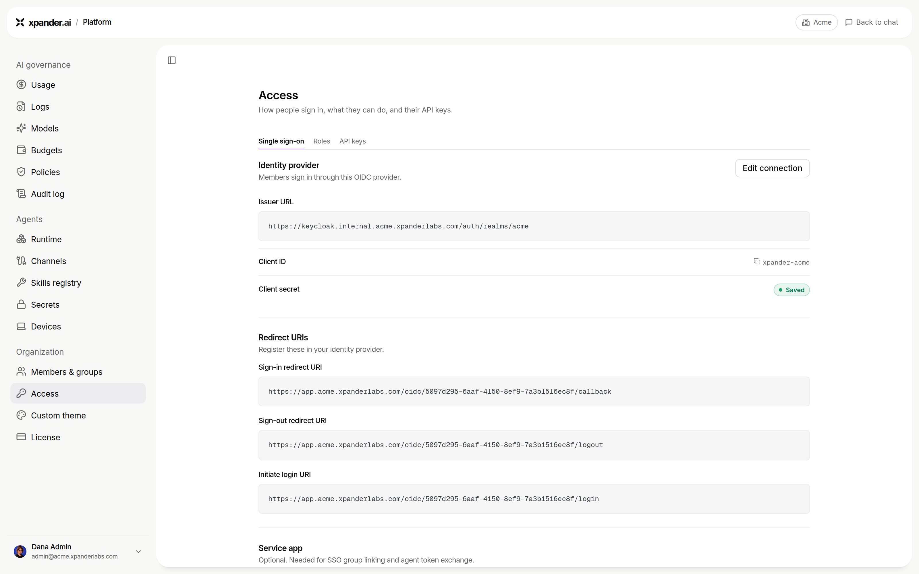 Access page with Single sign-on, Roles and API keys tabs and the identity provider settings