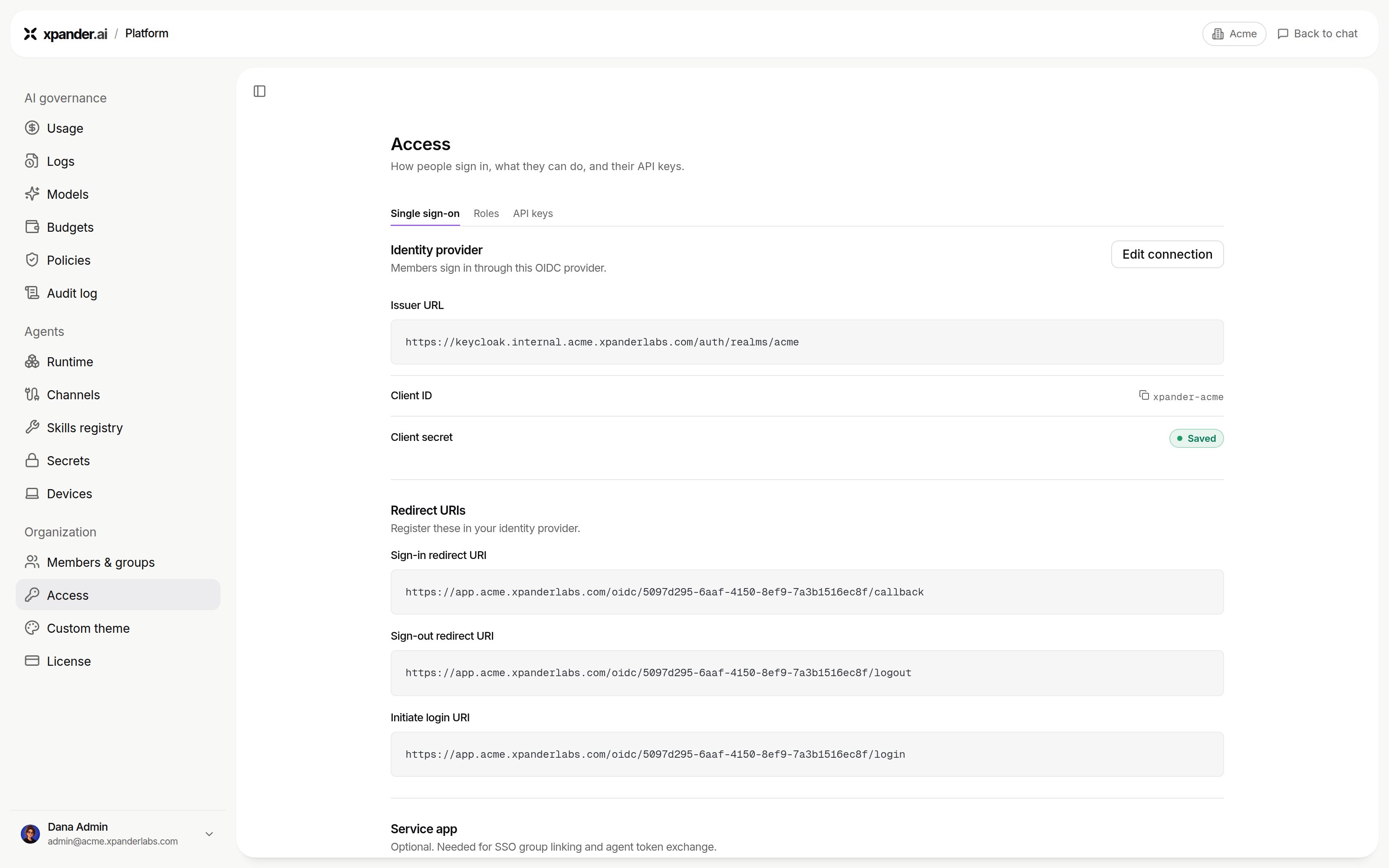 Access page with Single sign-on, Roles and API keys tabs and the identity provider settings