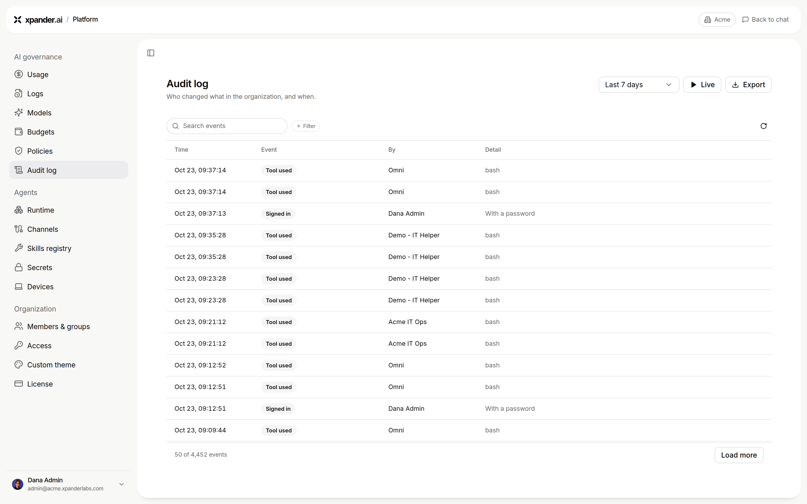 Audit log with time, event, by and detail columns