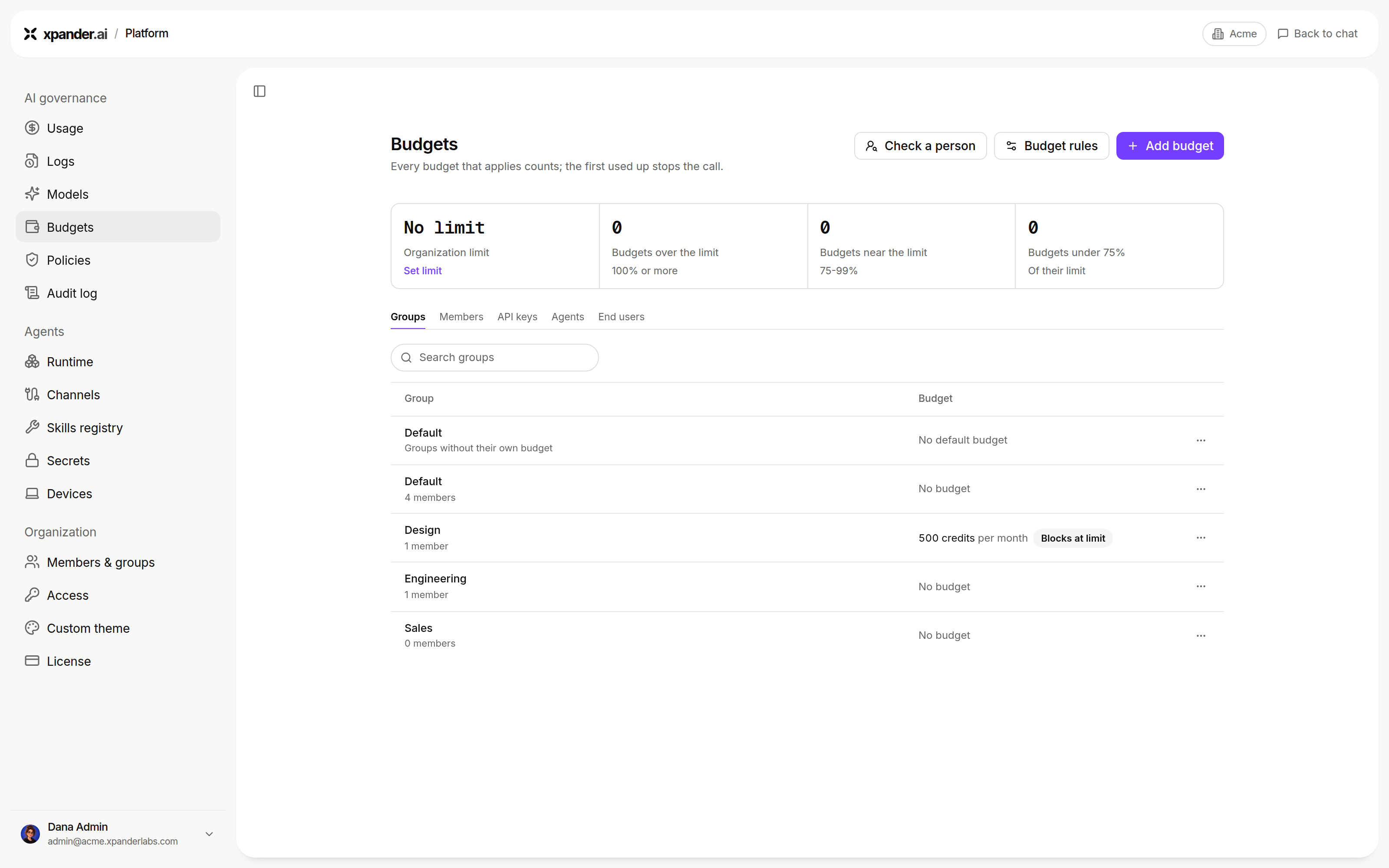 Budgets page with an overview and tabs for Groups, Members, API keys, Agents and End users