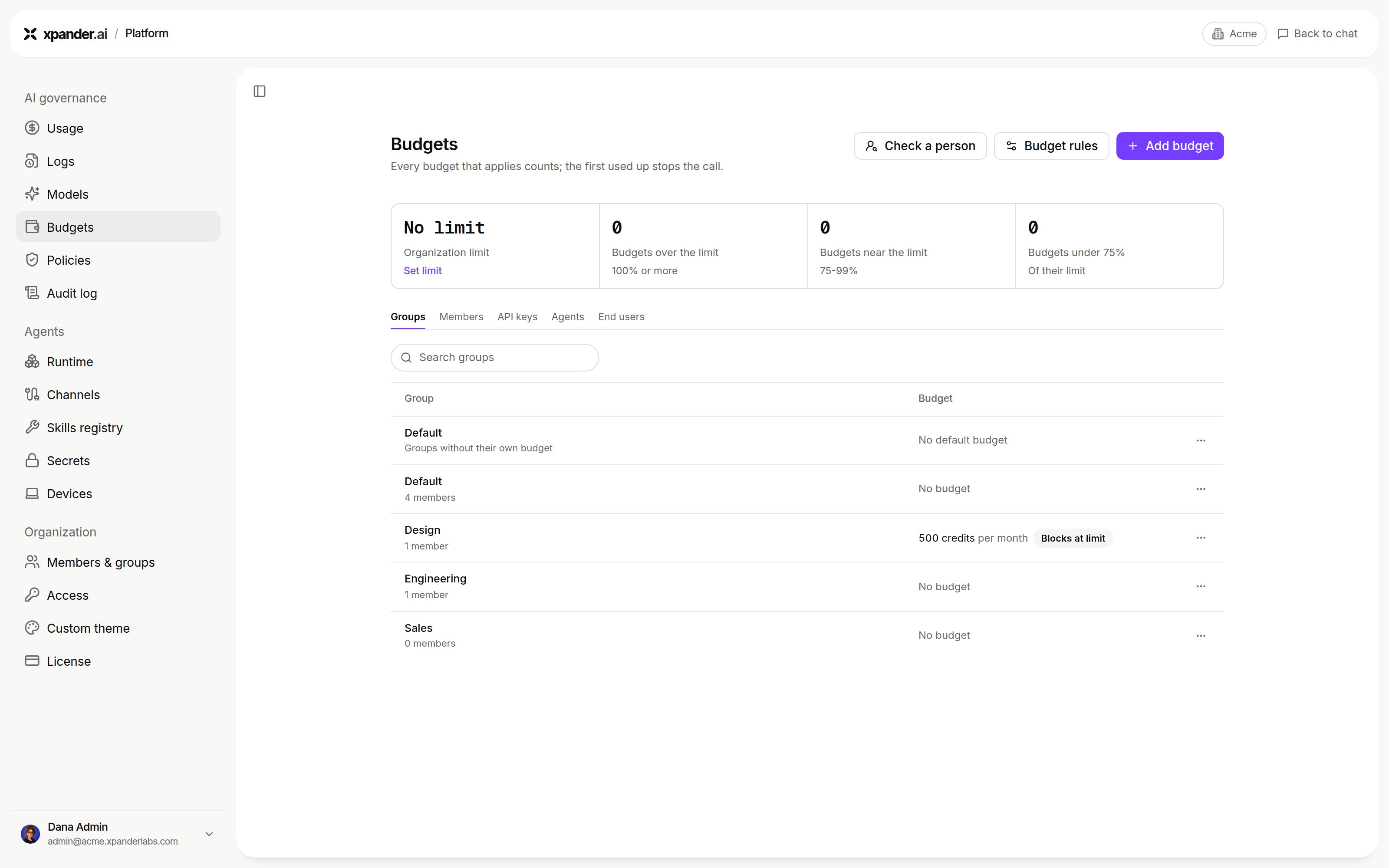 Budgets page with an overview and tabs for Groups, Members, API keys, Agents and End users