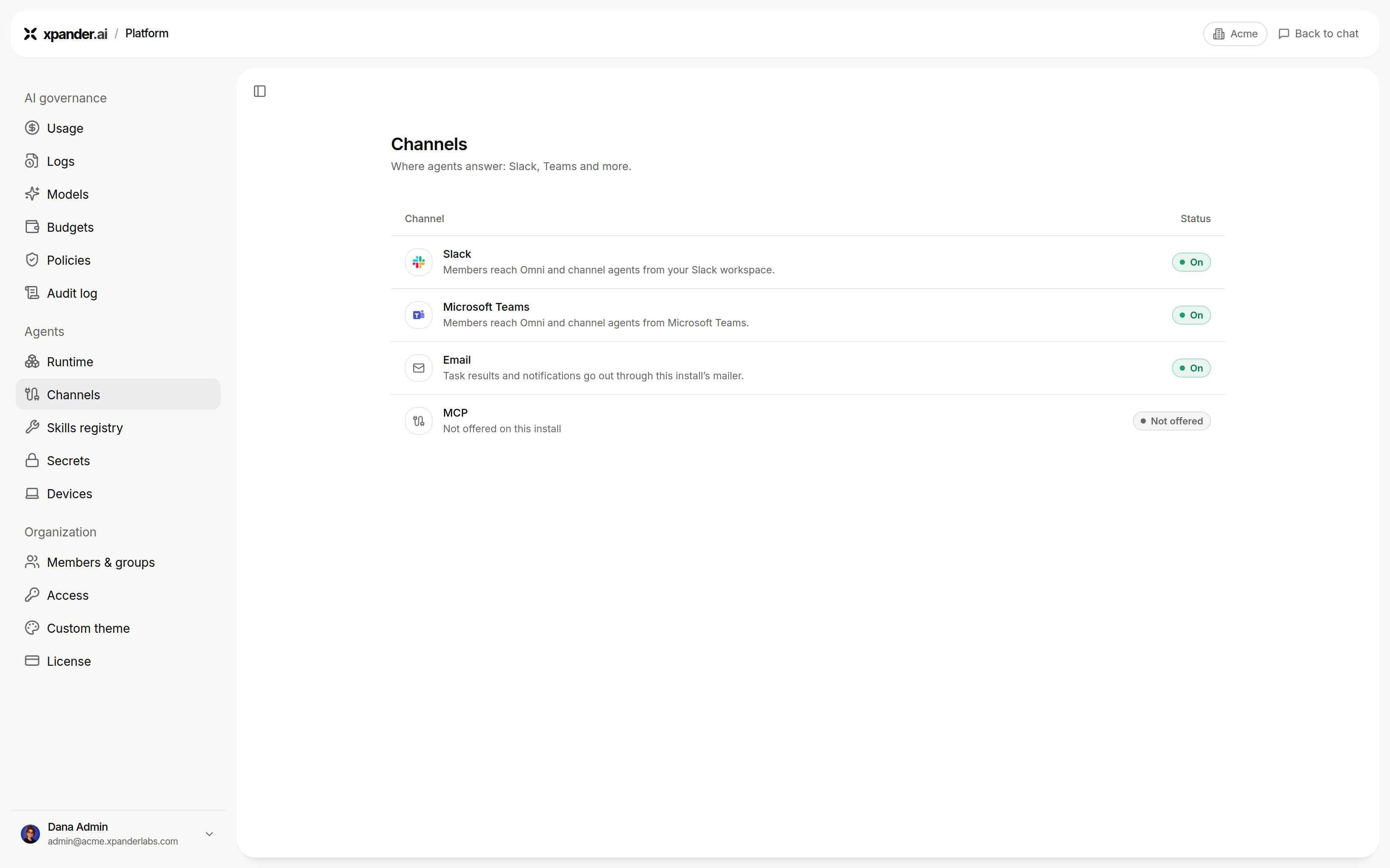 Channels page listing Slack, Microsoft Teams and Email with status On, and MCP with status Not offered