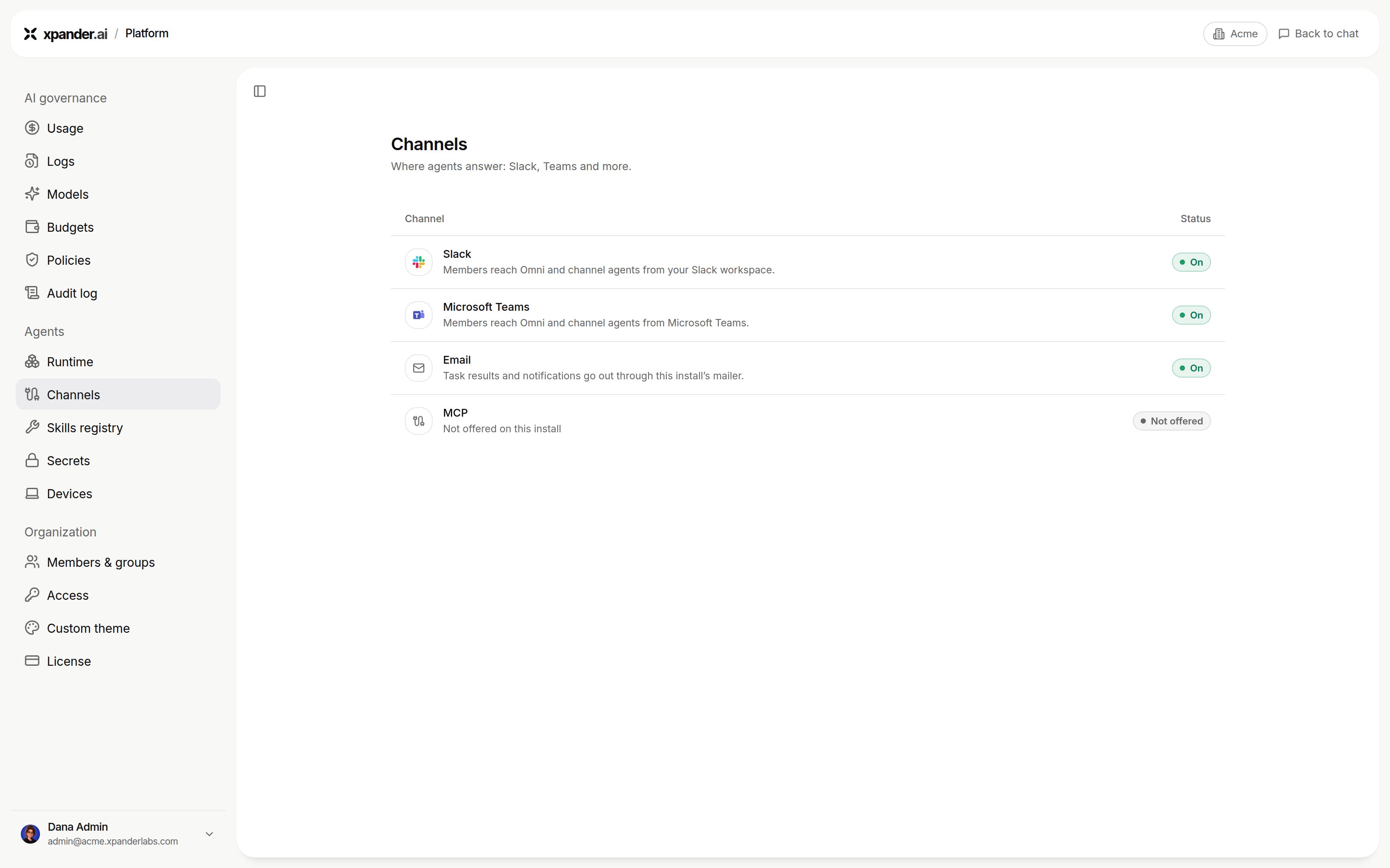 Channels page listing Slack, Microsoft Teams and Email with status On, and MCP with status Not offered