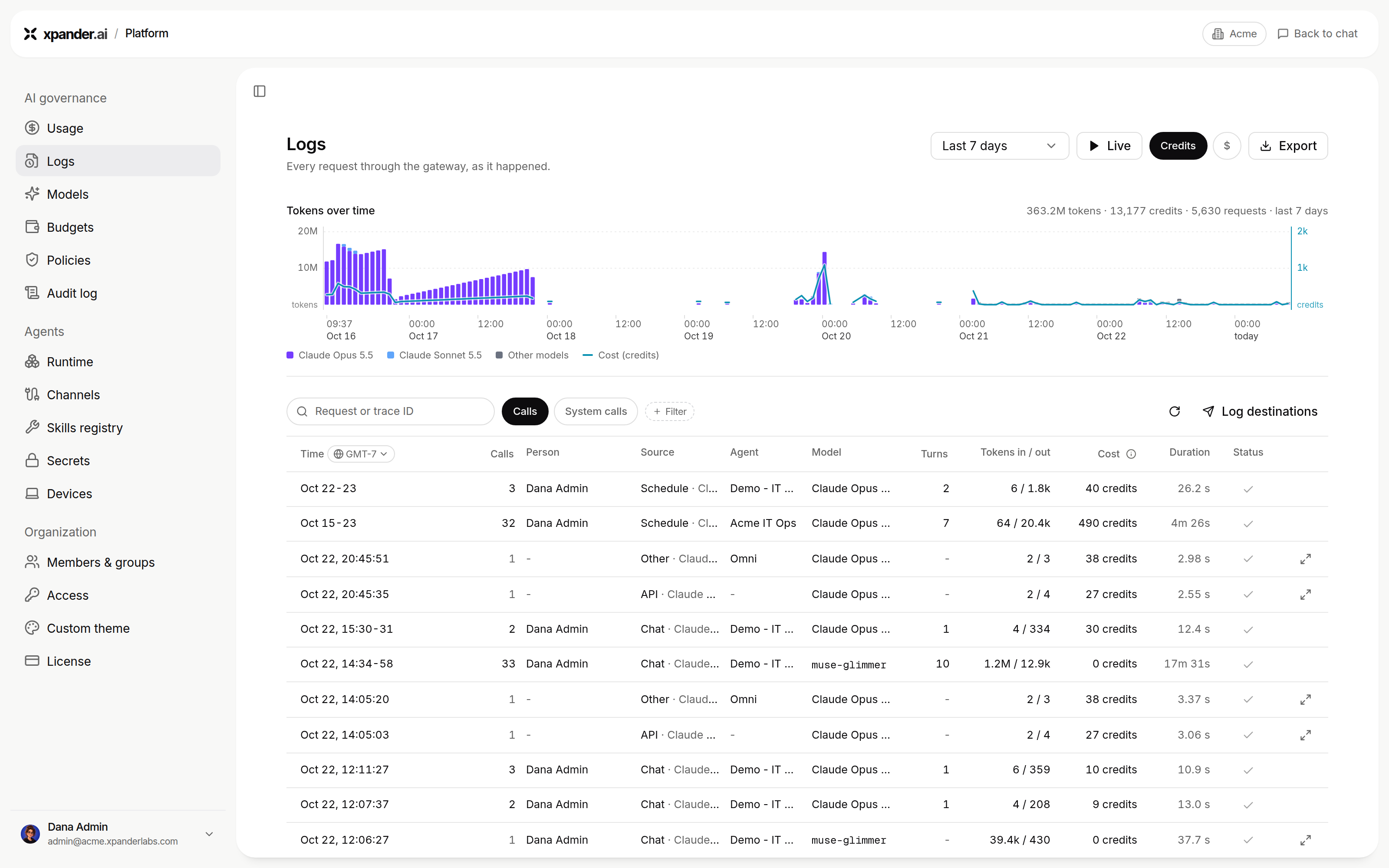 Logs page with a tokens over time chart and a list of calls