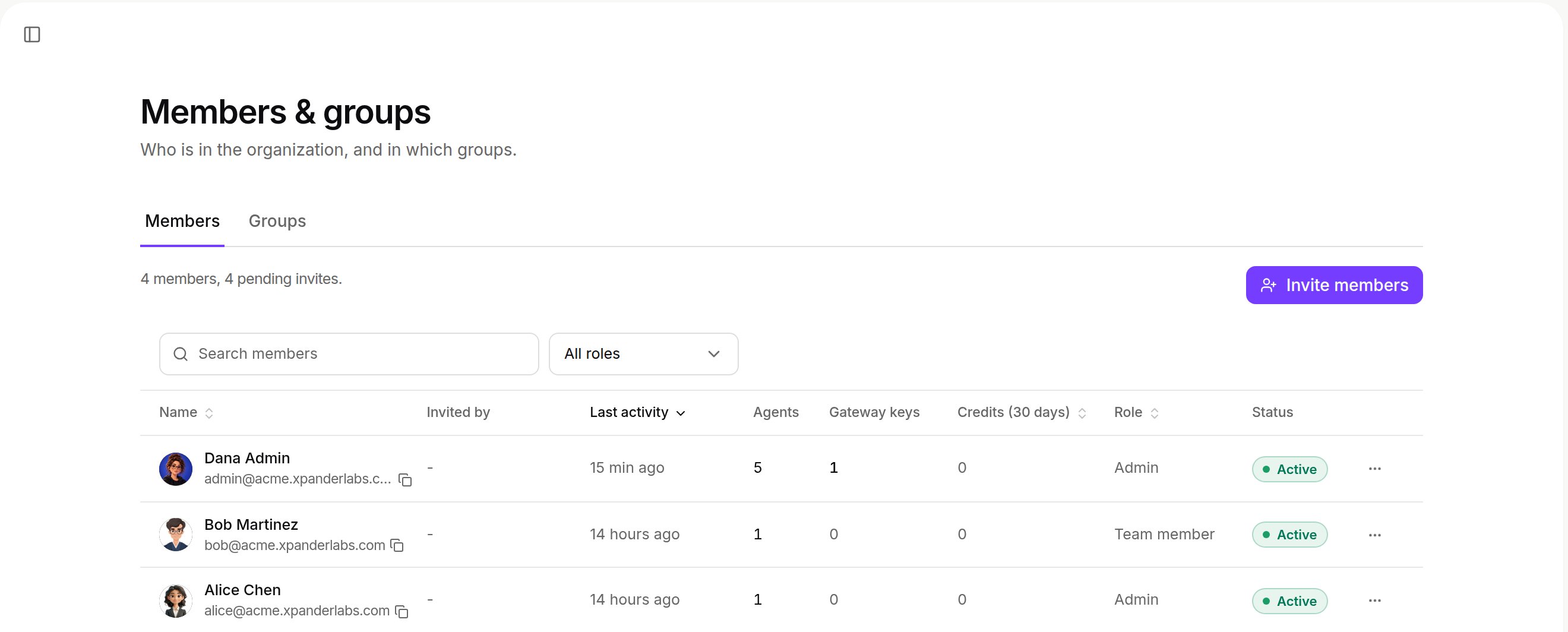 Members & groups page listing members with role and status