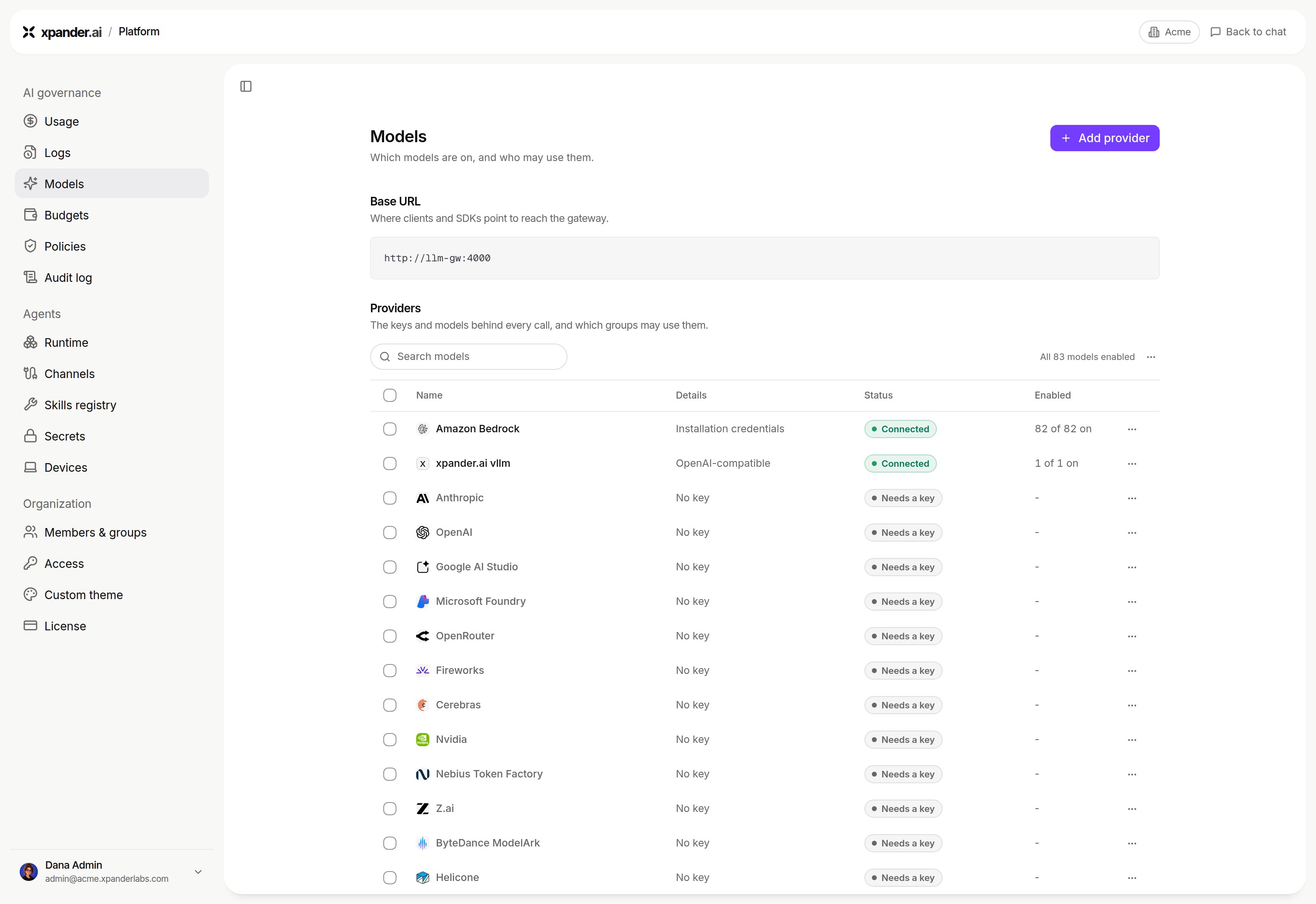 Models page with Base URL and a Providers table showing Connected and Needs a key