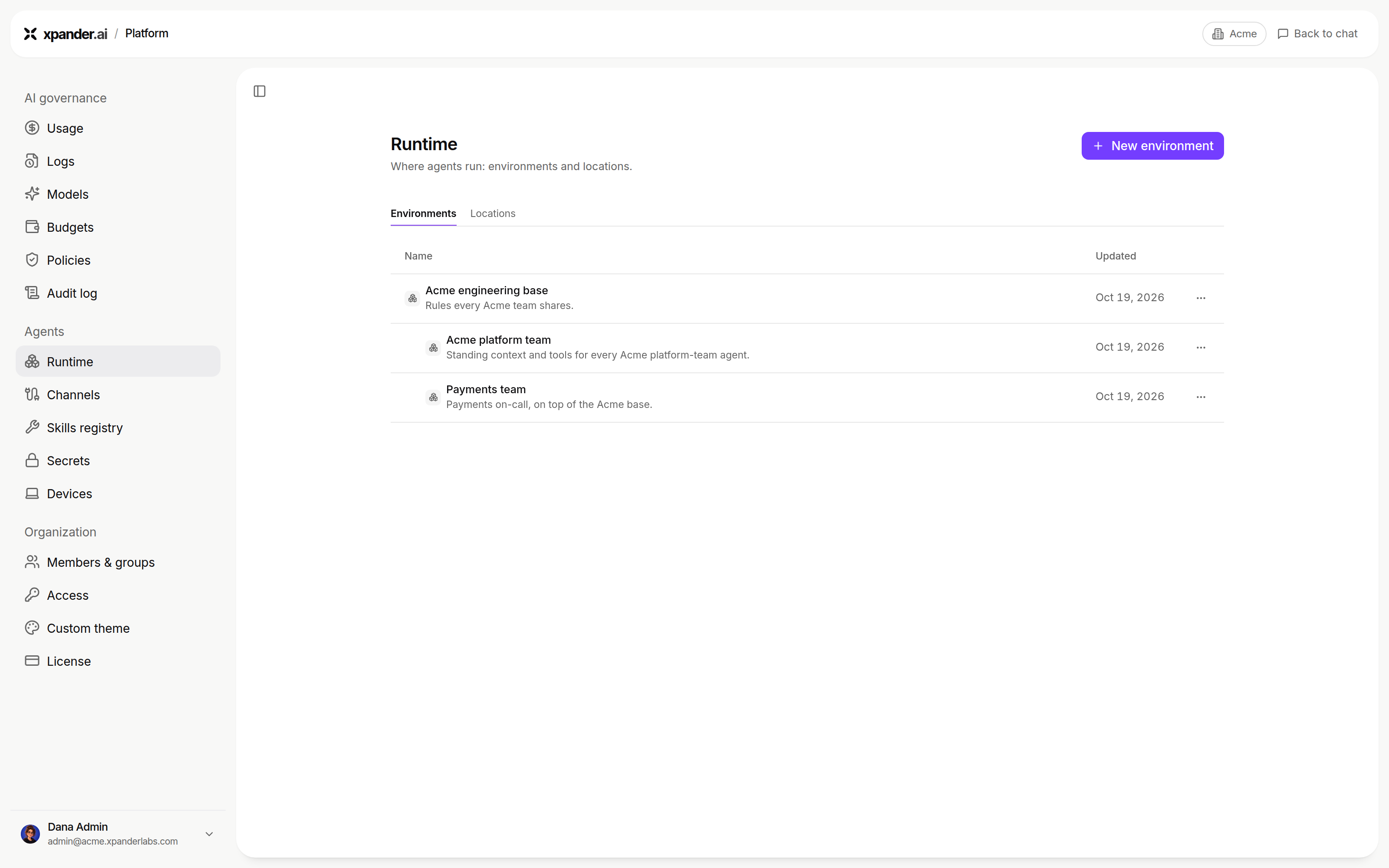 Runtime page on the Environments tab with New environment and three environments, two nested under Acme engineering base