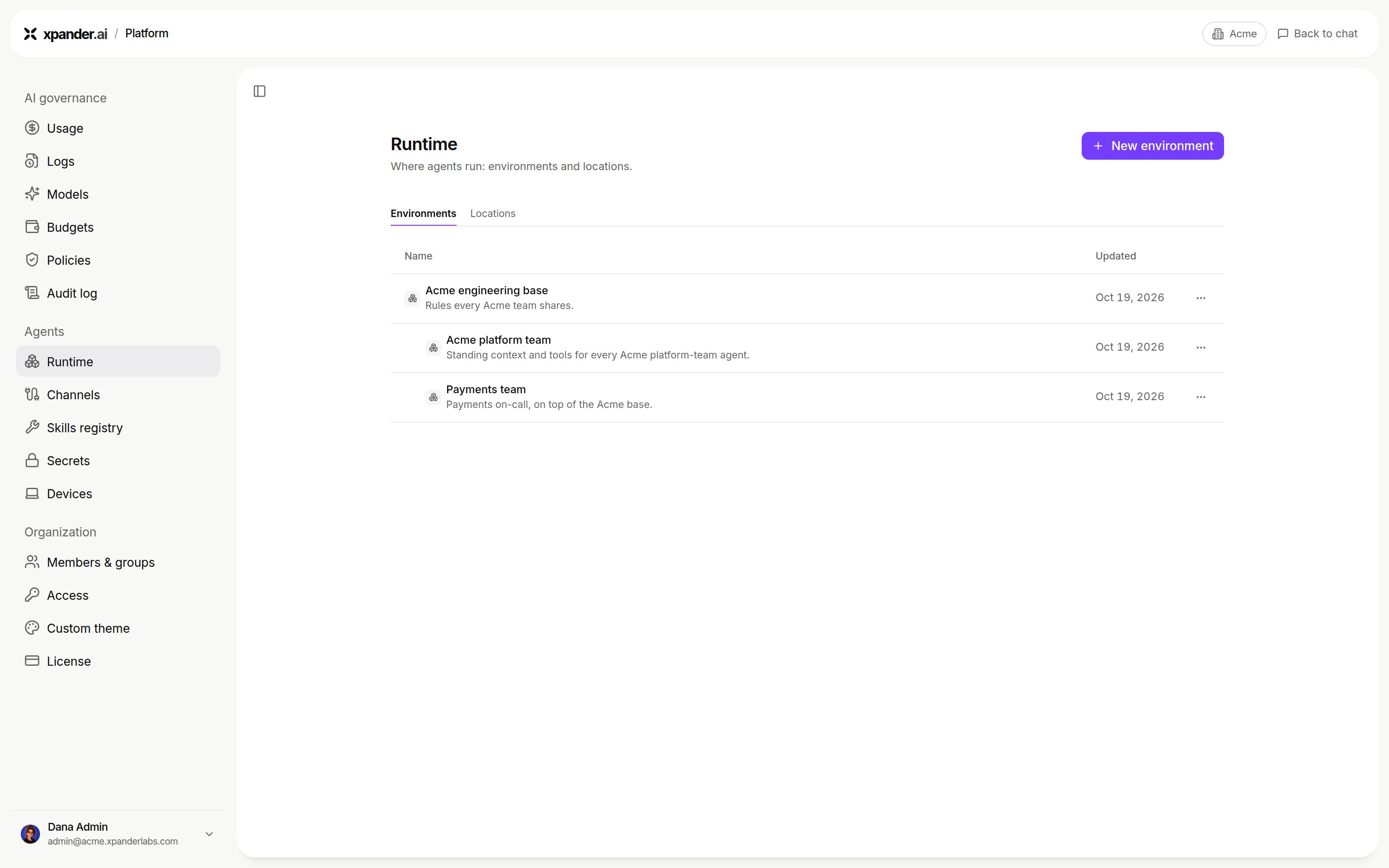 Runtime page on the Environments tab with New environment and three environments, two nested under Acme engineering base