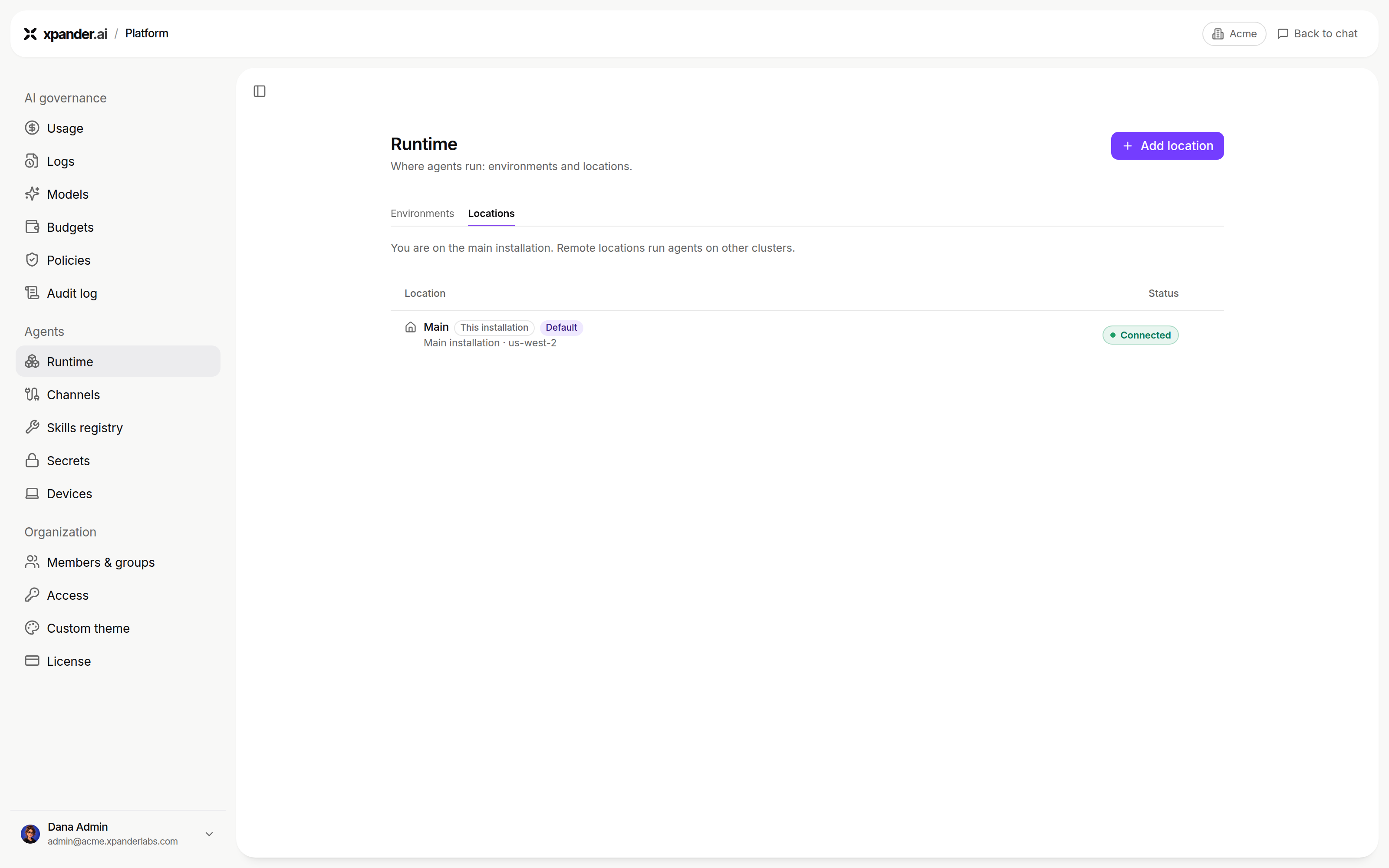 Runtime page on the Locations tab with the main installation marked This installation and Default, status Connected