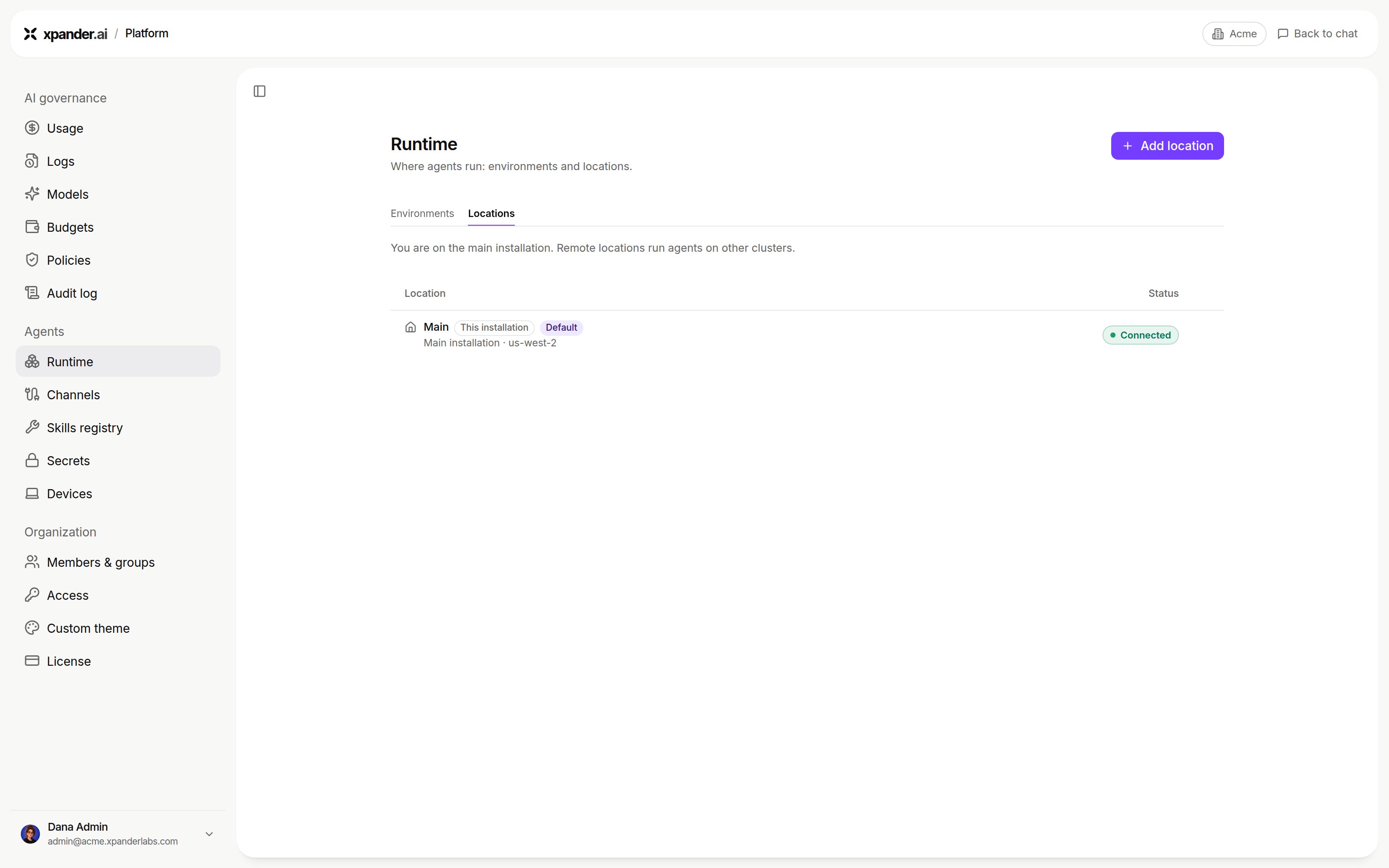 Runtime page on the Locations tab with the main installation marked This installation and Default, status Connected