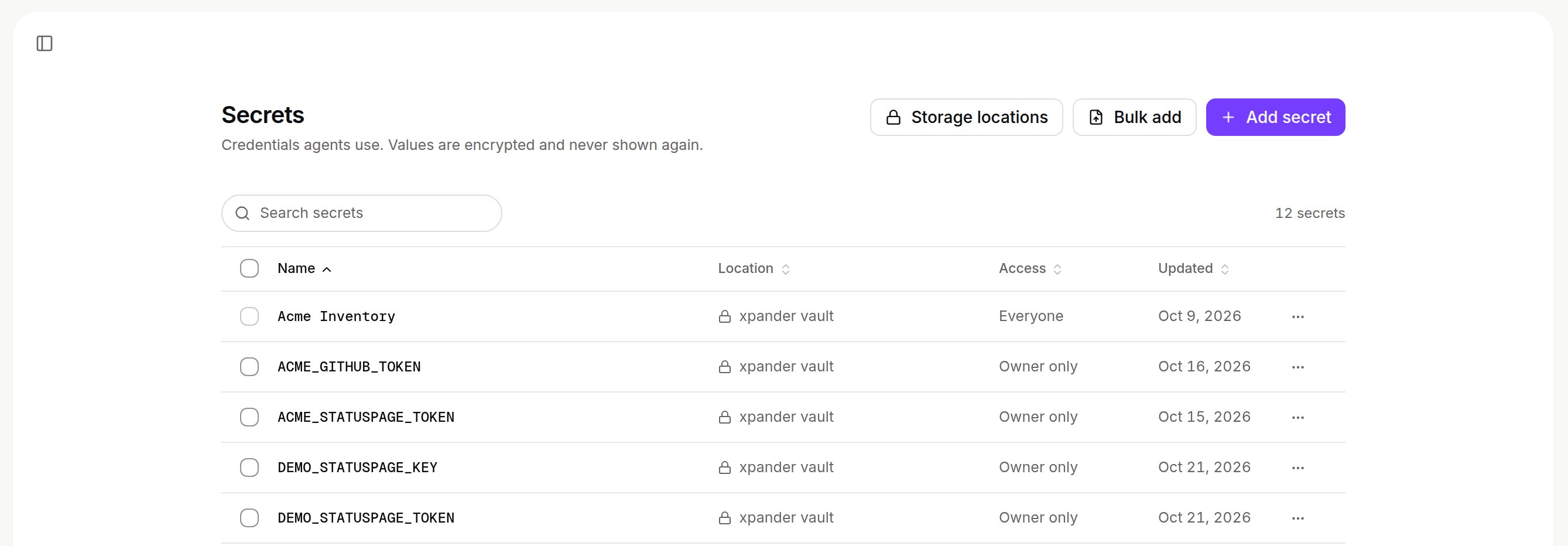 Secrets page with Storage locations, Bulk add and Add secret, and the list of secret names with location, access and last update