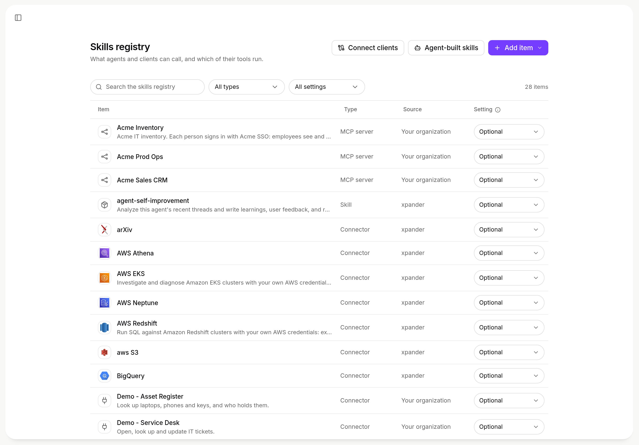 Skills registry admin page with Connect clients, Agent-built skills and Add item, and items with their type, source and setting