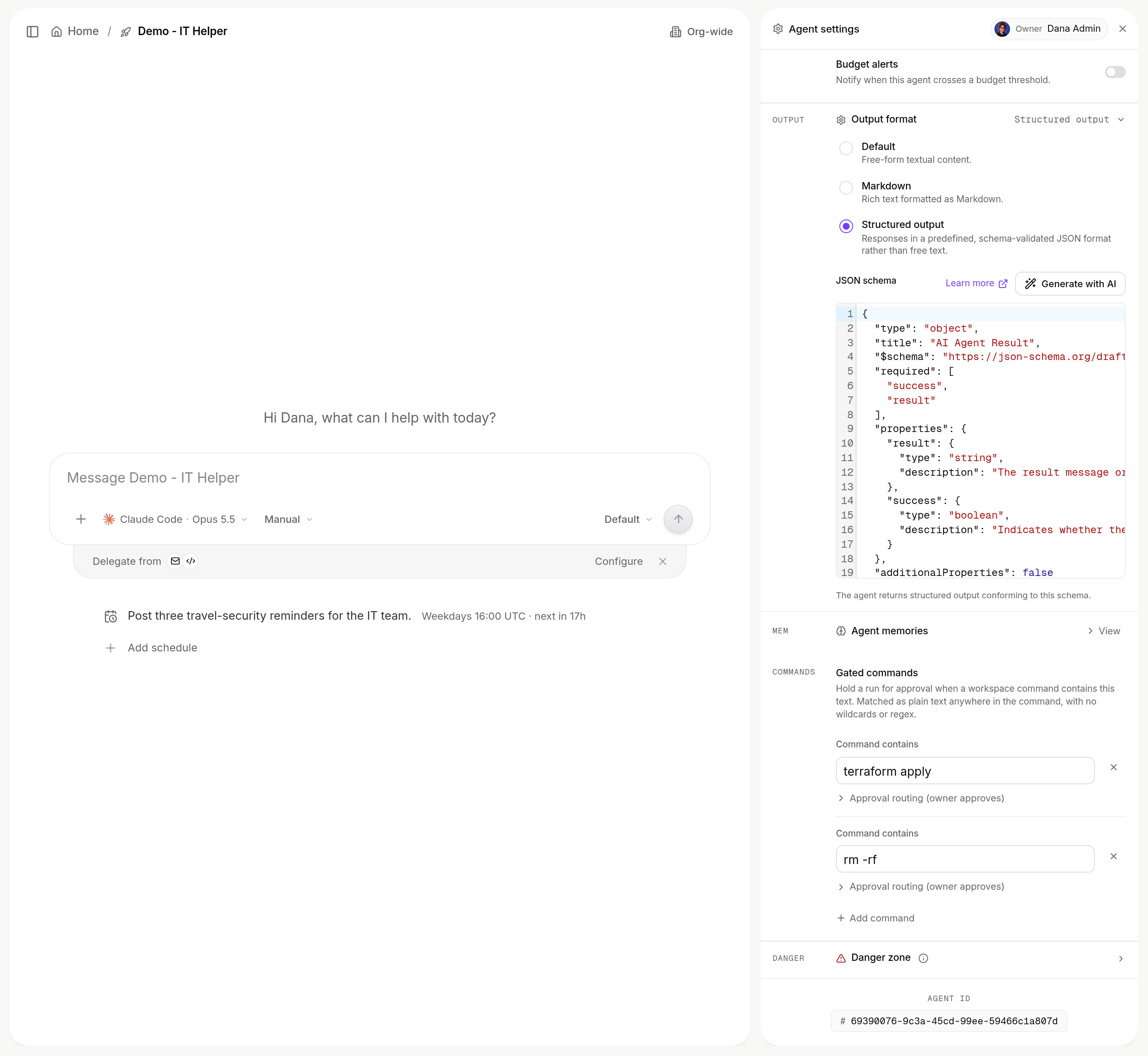 Agent settings, Output format row with Default, Markdown and Structured output (selected), a JSON schema editor holding the seeded AI Agent Result schema, Learn more and Generate with AI
