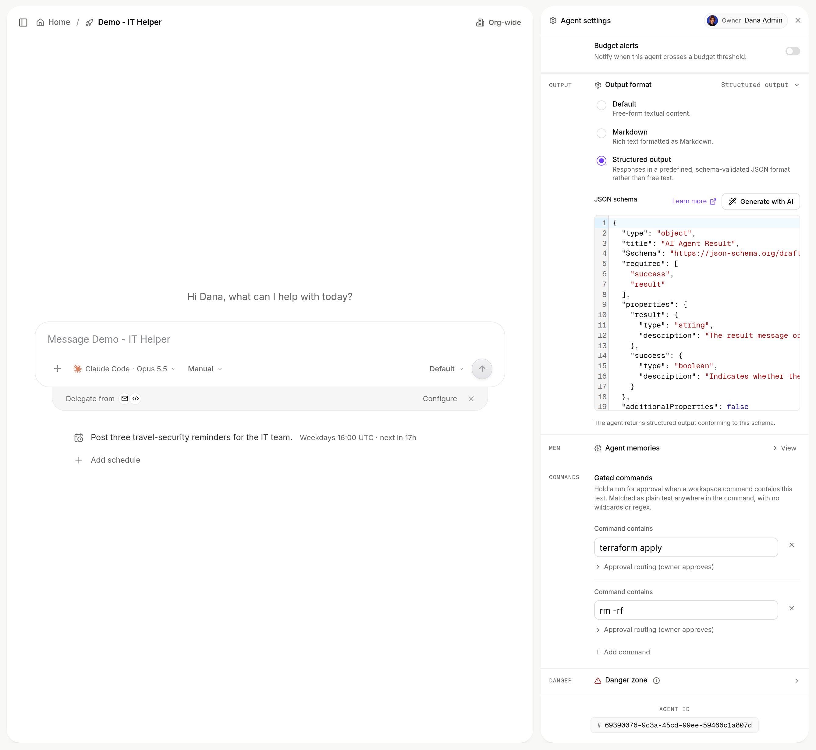 Agent settings, Output format row with Default, Markdown and Structured output (selected), a JSON schema editor holding the seeded AI Agent Result schema, Learn more and Generate with AI