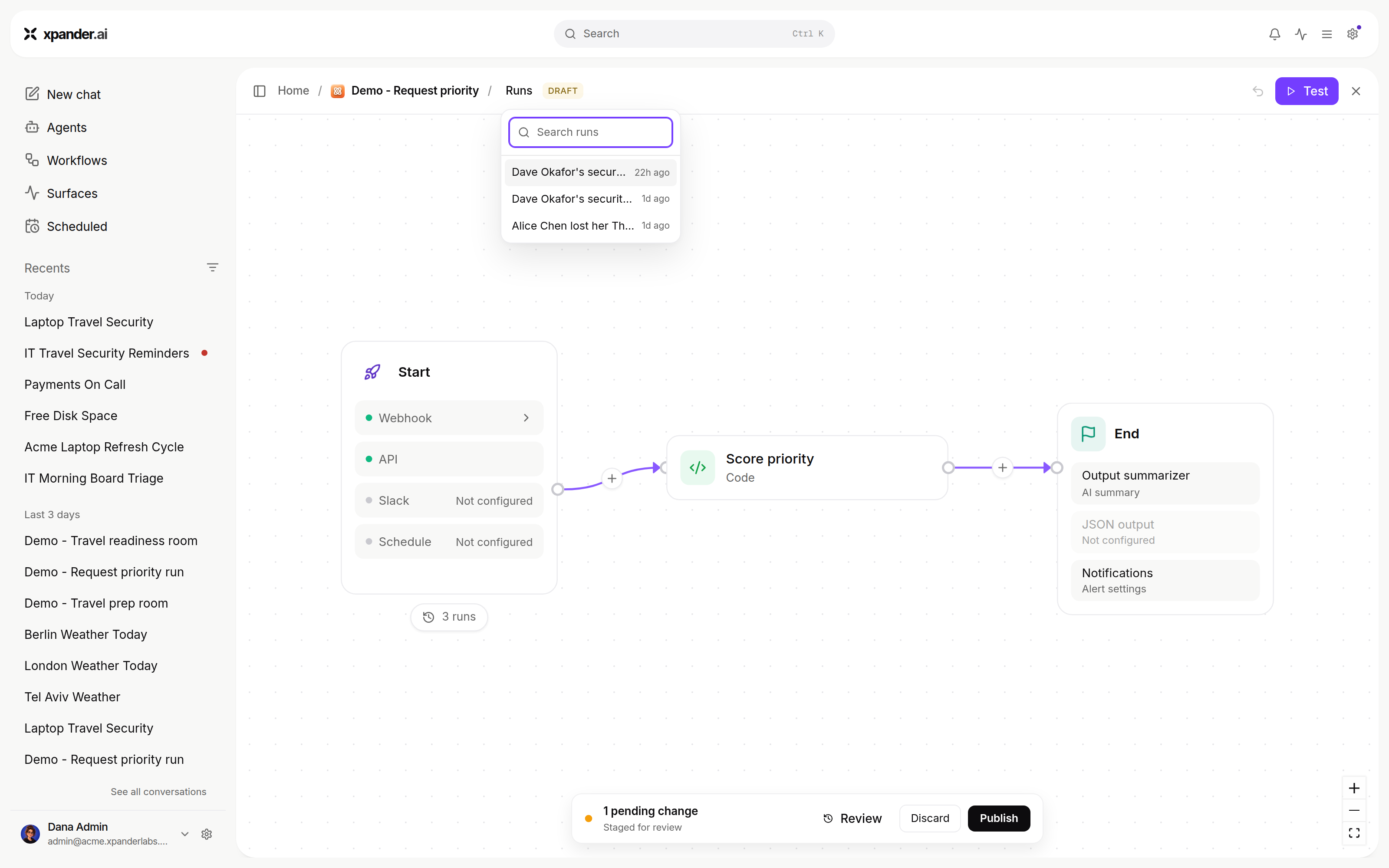Workflow editor with a DRAFT badge, the Runs dropdown listing past runs behind a search box, and a 1 pending change bar with Review, Discard and Publish