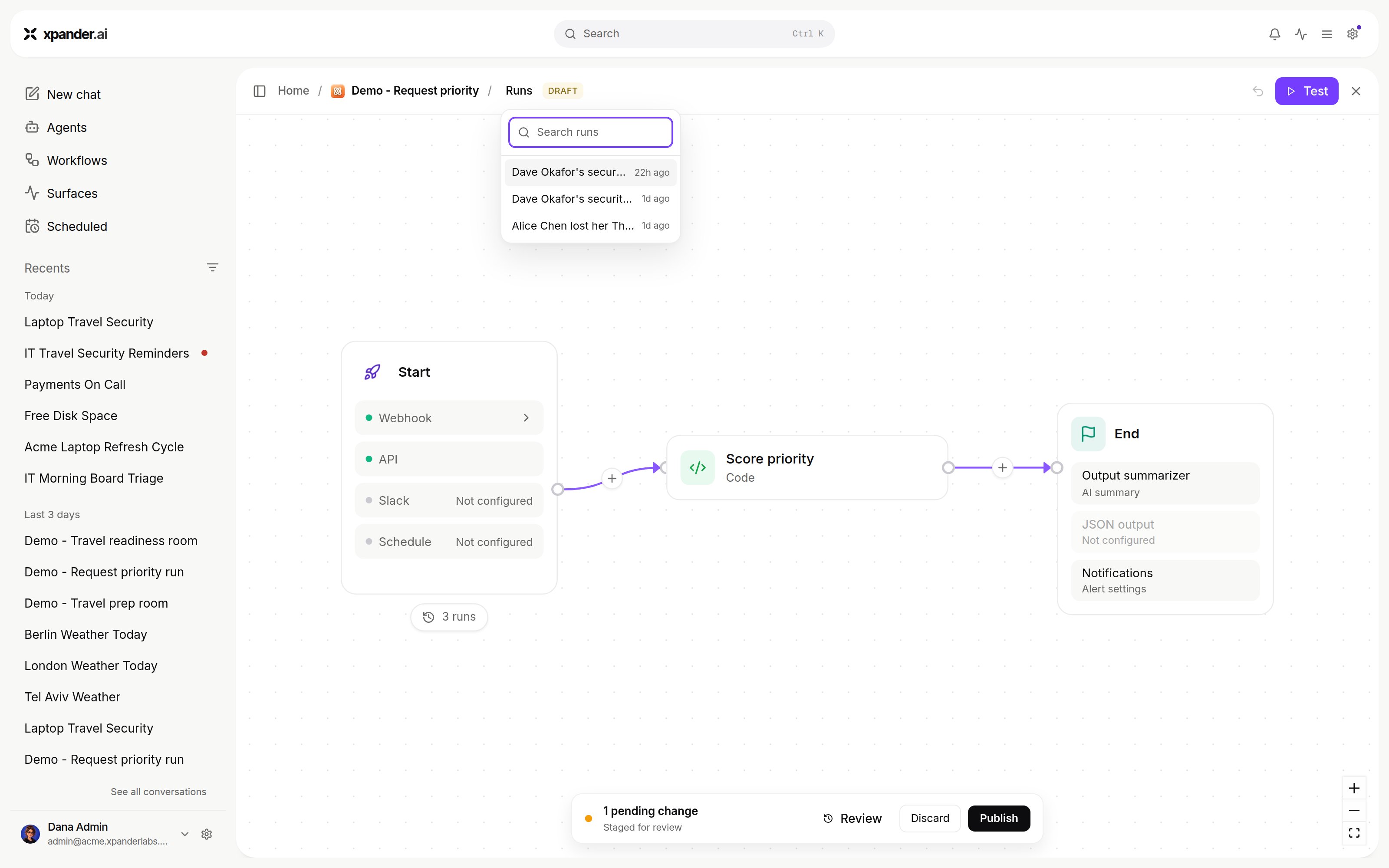 Workflow editor with a DRAFT badge, the Runs dropdown listing past runs behind a search box, and a 1 pending change bar with Review, Discard and Publish