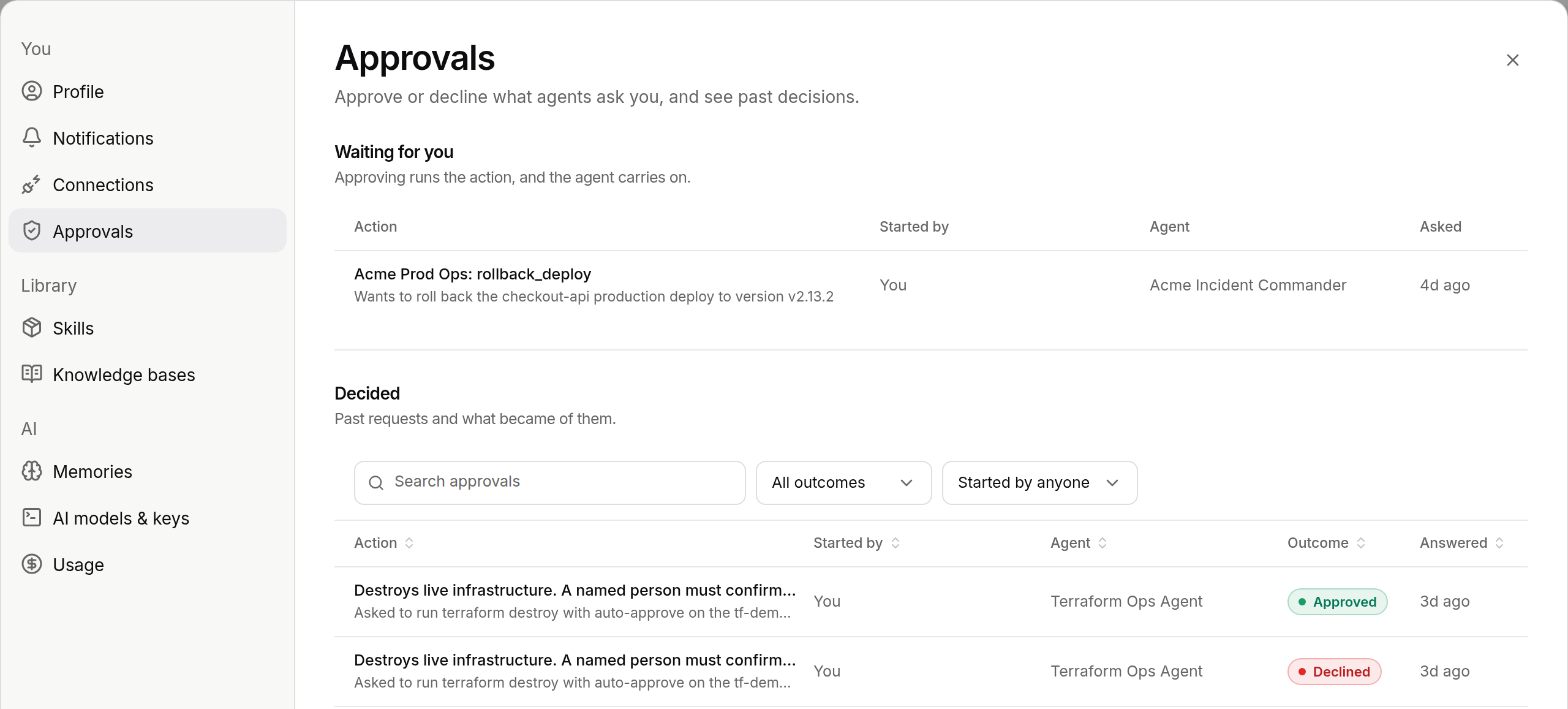 Approvals page with Waiting for you and Decided lists