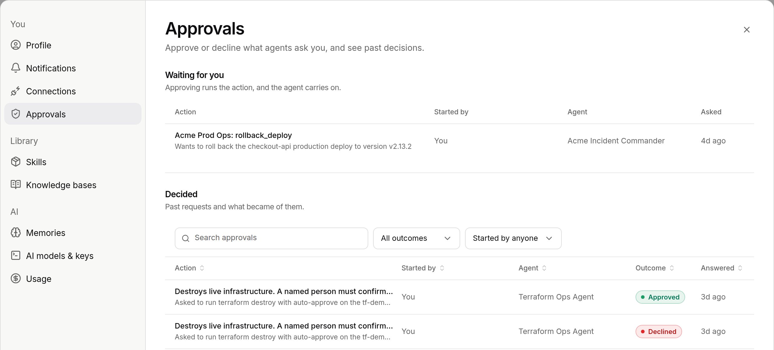 Approvals page with Waiting for you and Decided lists
