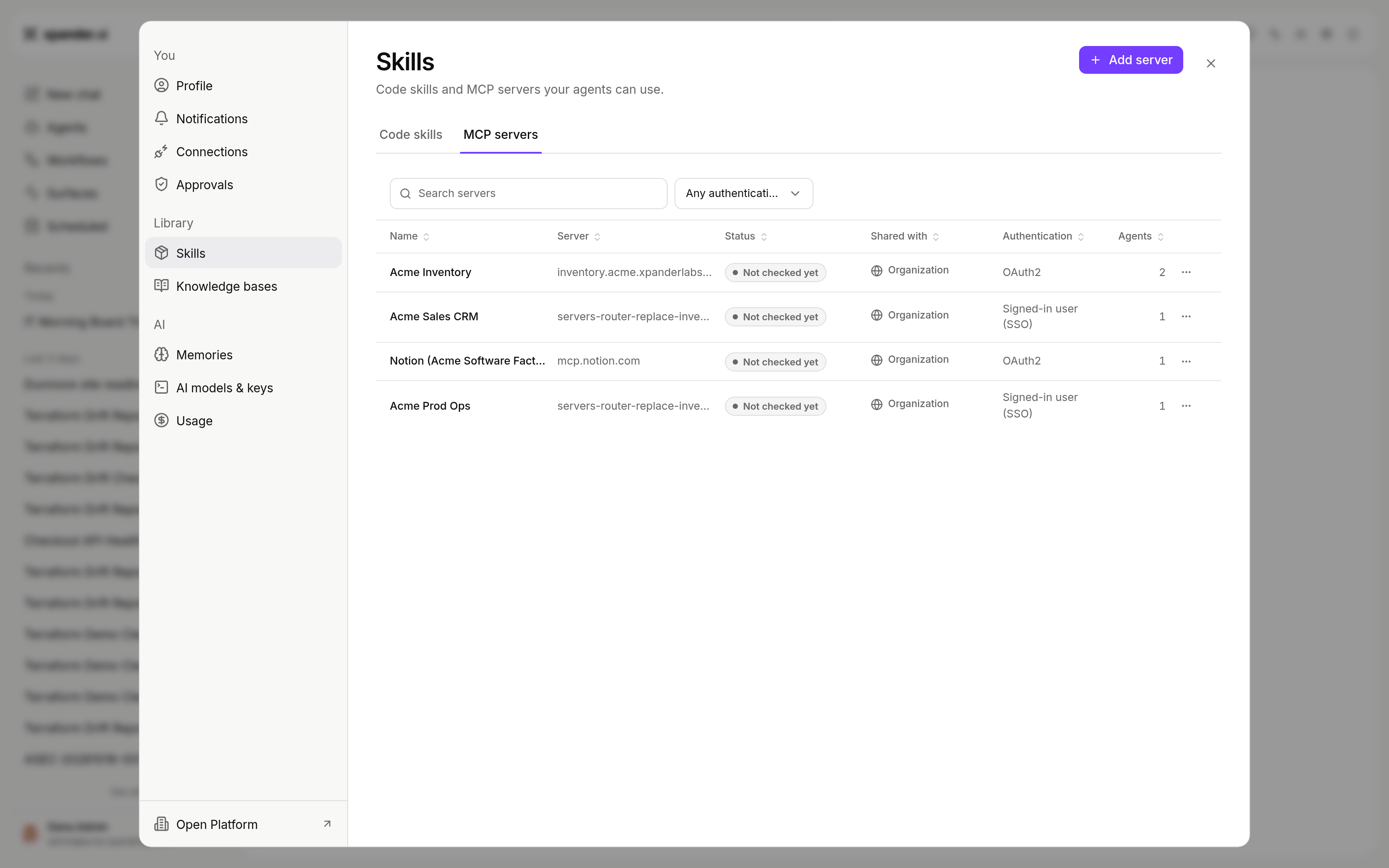 Skills settings on the MCP servers tab listing servers with Shared with and Authentication