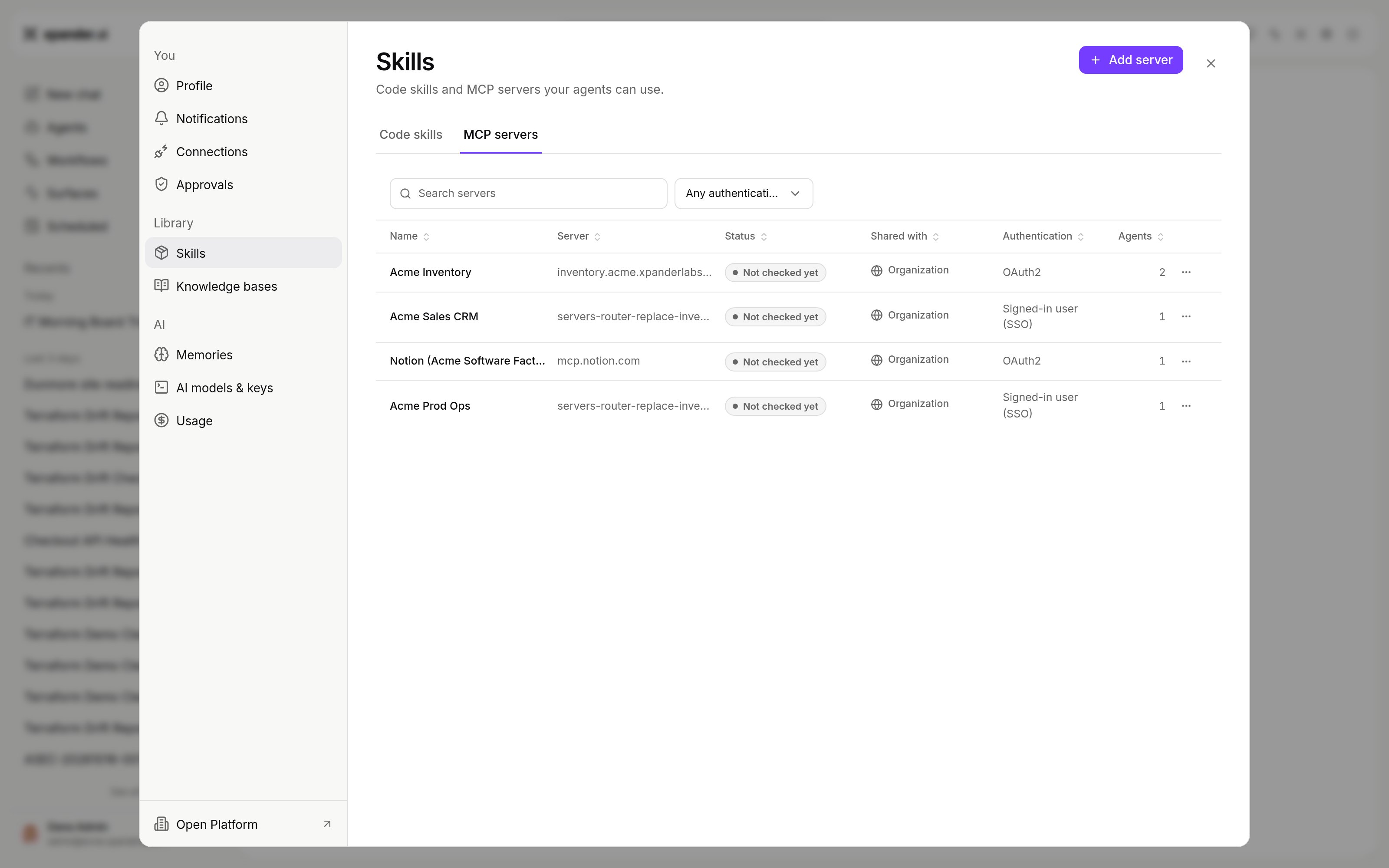 Skills settings on the MCP servers tab listing servers with Shared with and Authentication