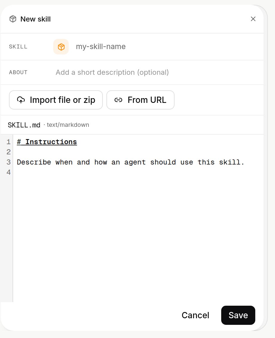 New skill card with SKILL name, ABOUT description, Import file or zip and From URL, the SKILL.md editor, Cancel and Save
