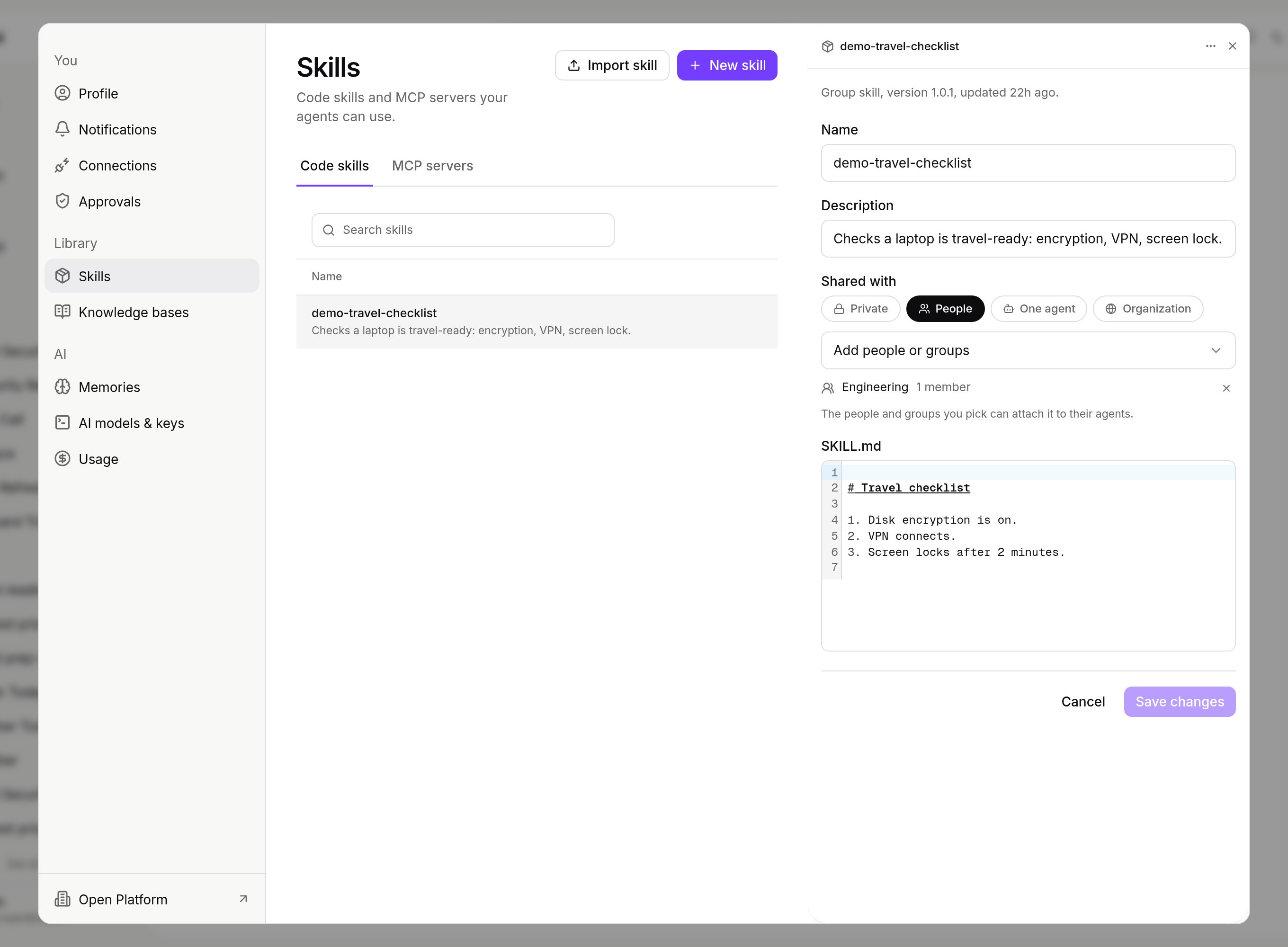 Settings, Skills, Code skills tab with demo-travel-checklist open: Name, Description, Shared with set to People with the Engineering group added, the SKILL.md editor, Cancel and Save changes
