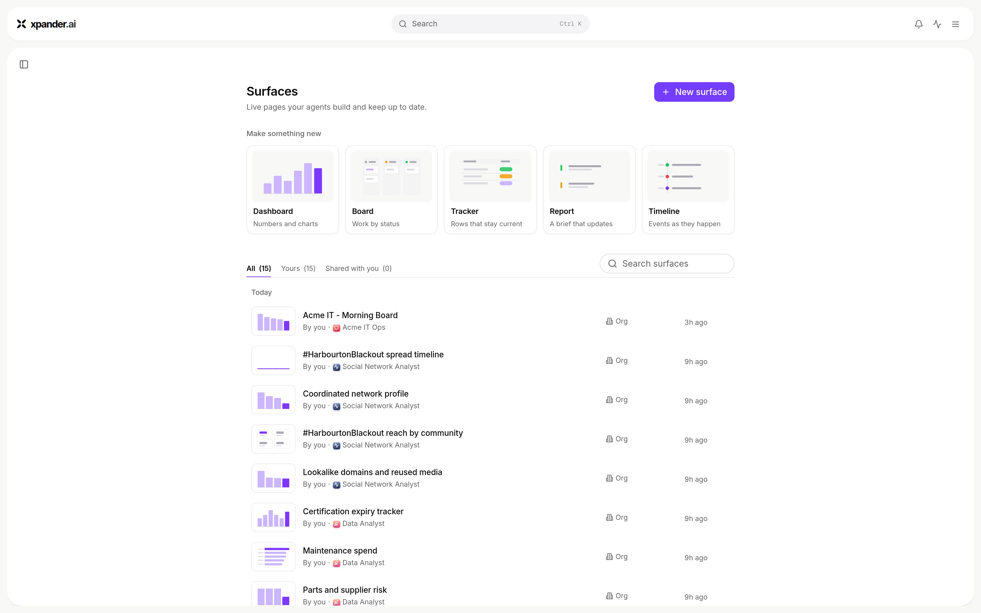 Surfaces page with Dashboard, Board, Tracker, Report and Timeline templates and a list of surfaces with their visibility (Org)