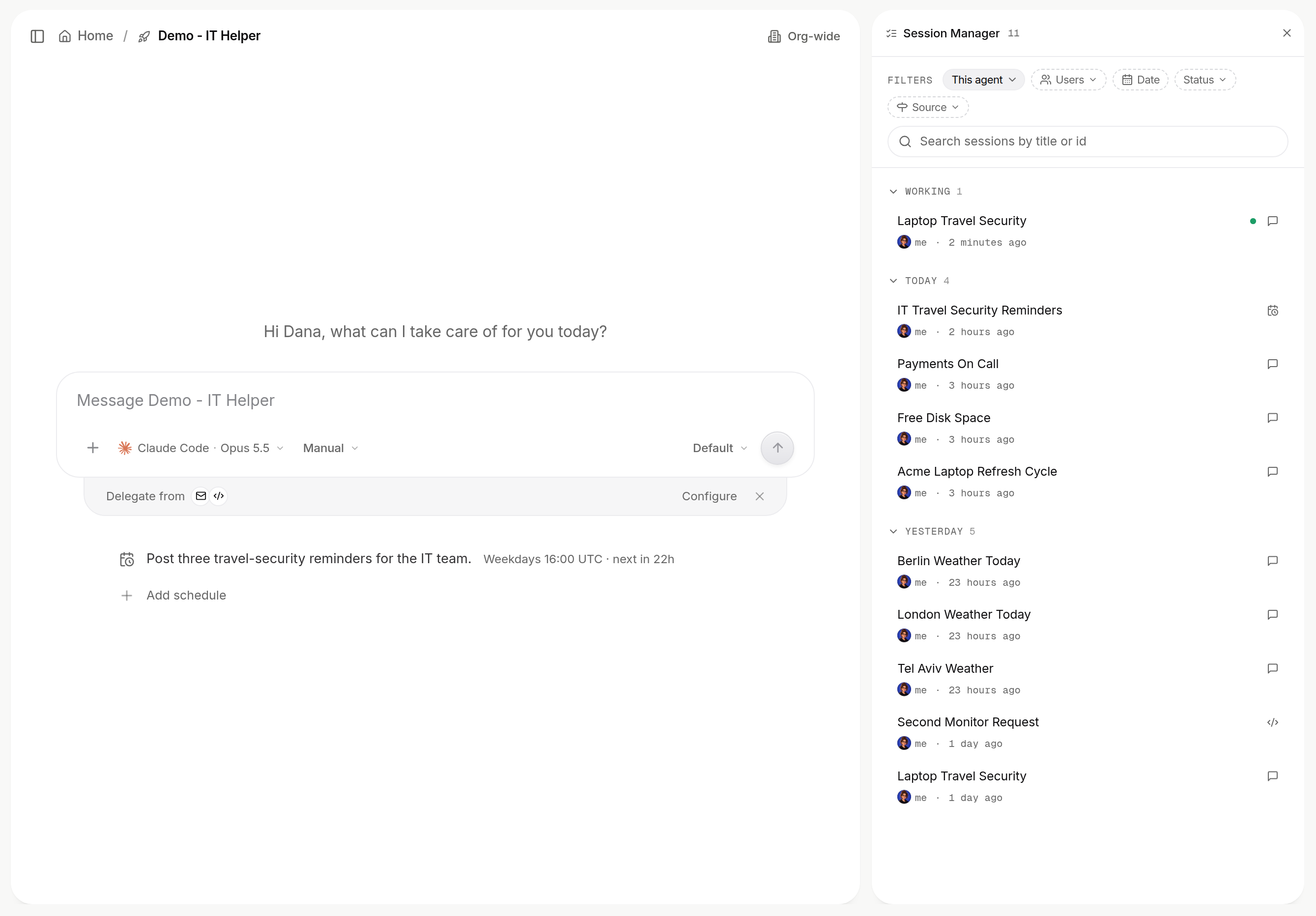 Session Manager panel listing an agent's recent tasks with filter chips and a search box