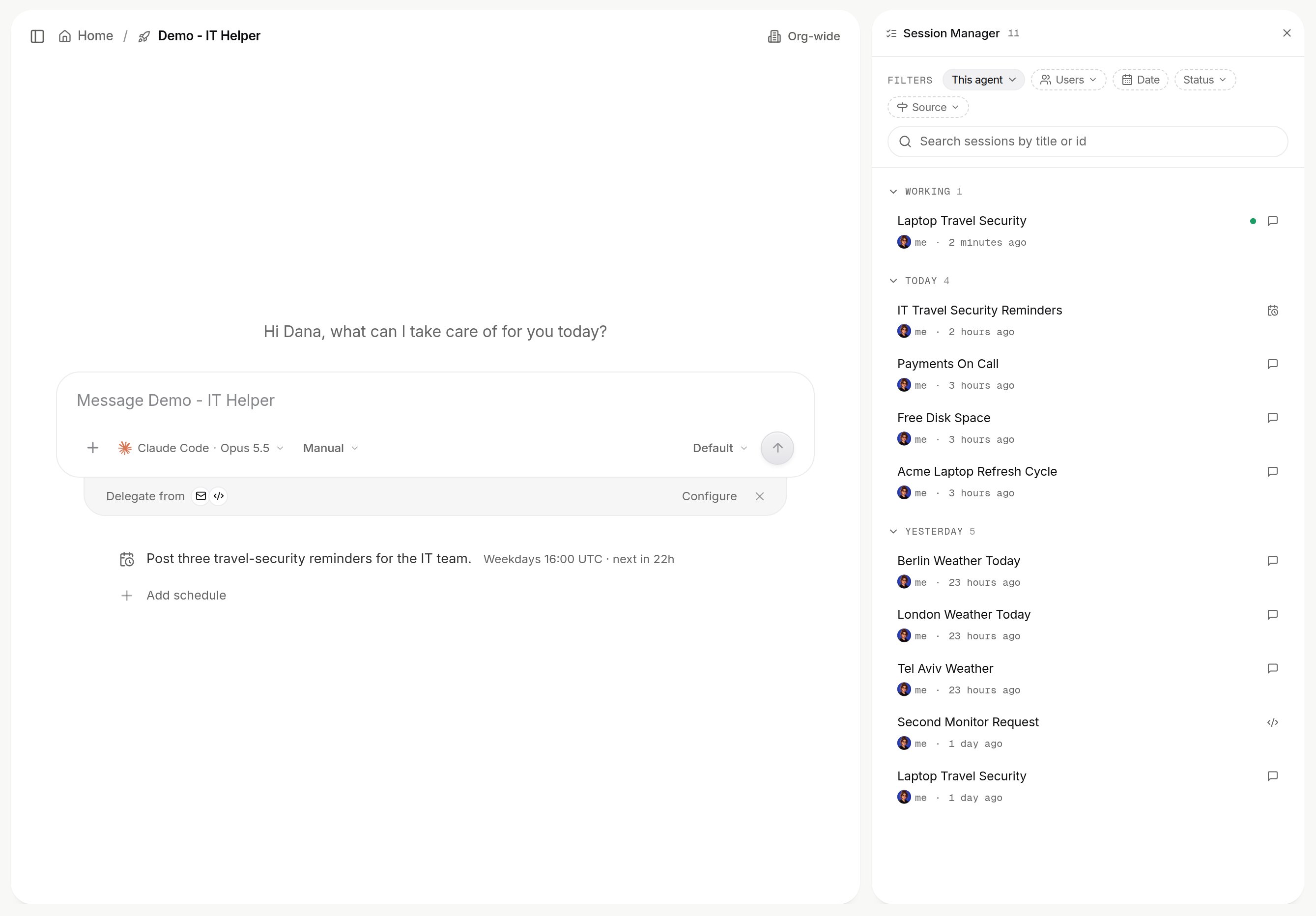 Session Manager panel listing an agent's recent tasks with filter chips and a search box