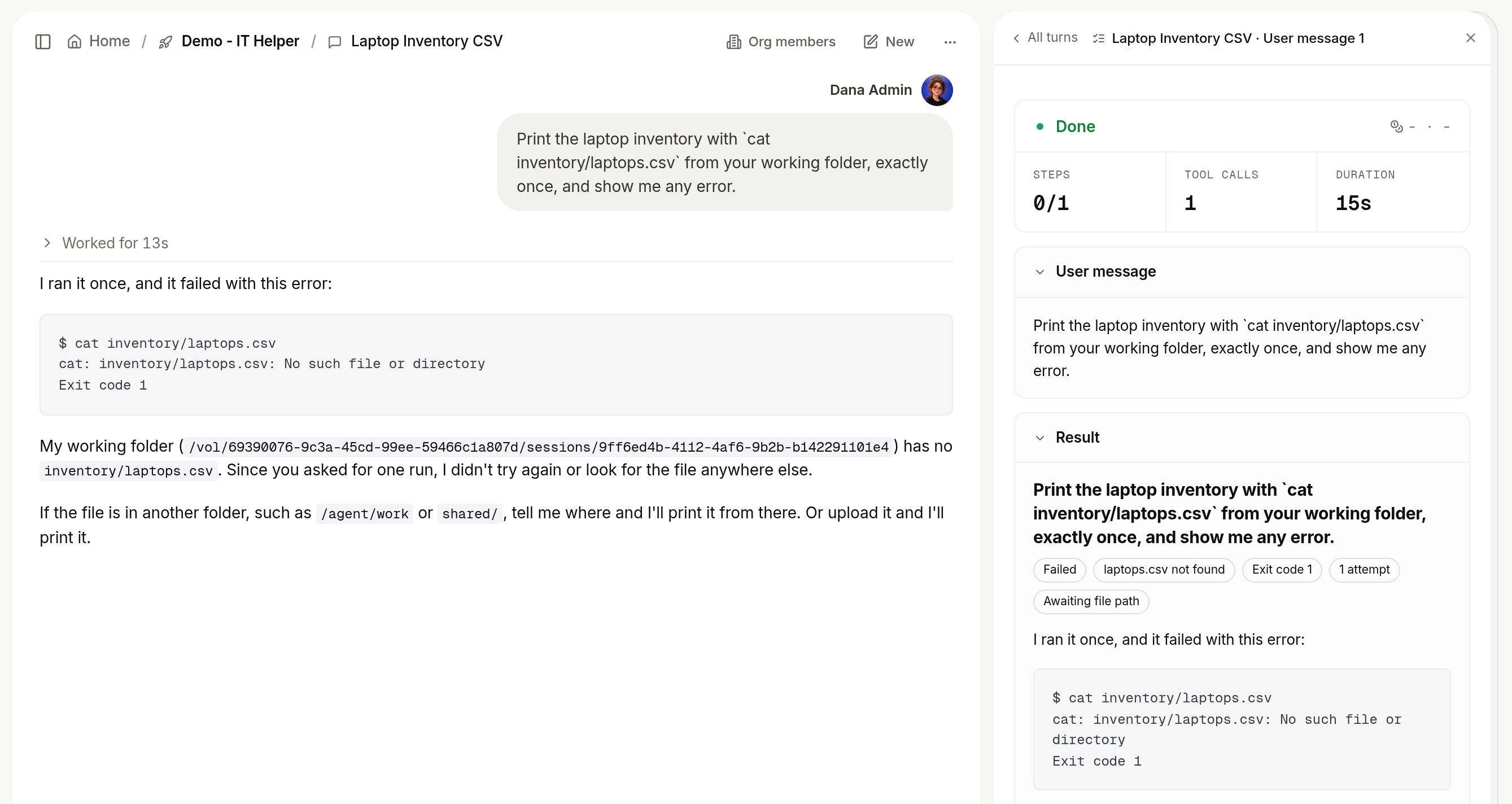 A failed turn in a conversation beside its Session Manager turn details: Done with its step, call and duration counts, the User message, and the Result with tags such as Failed and Exit code 1