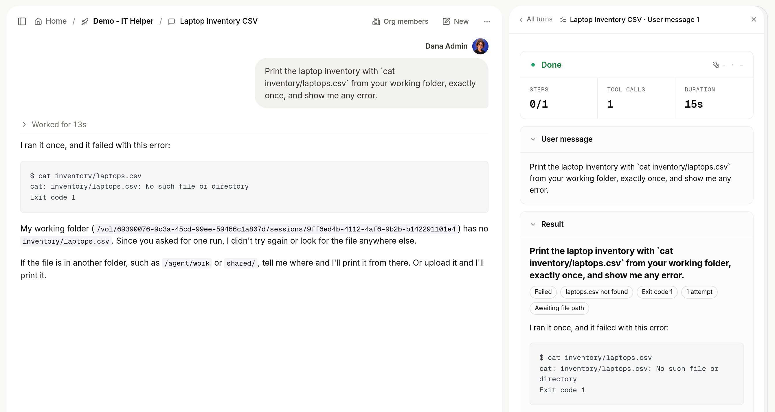 A failed turn in a conversation beside its Session Manager turn details: Done with its step, call and duration counts, the User message, and the Result with tags such as Failed and Exit code 1