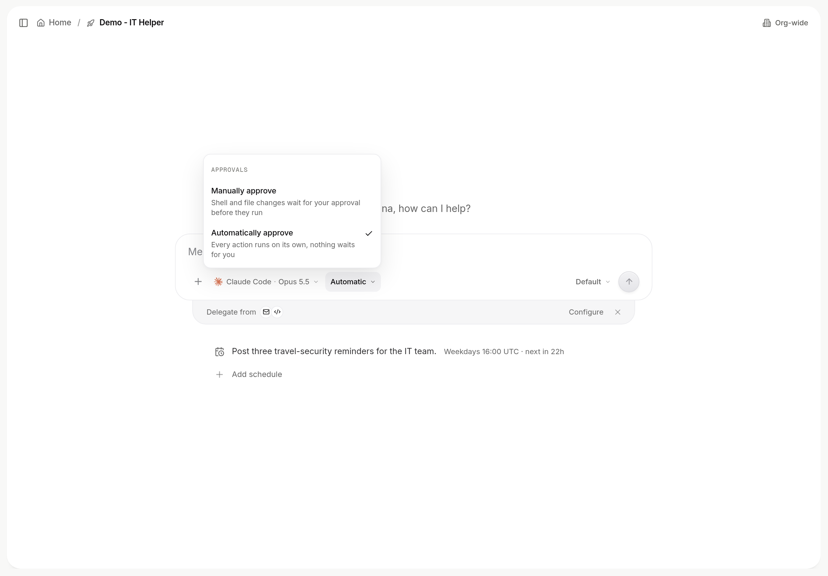 Composer with the Approvals menu open, showing Manually approve and Automatically approve