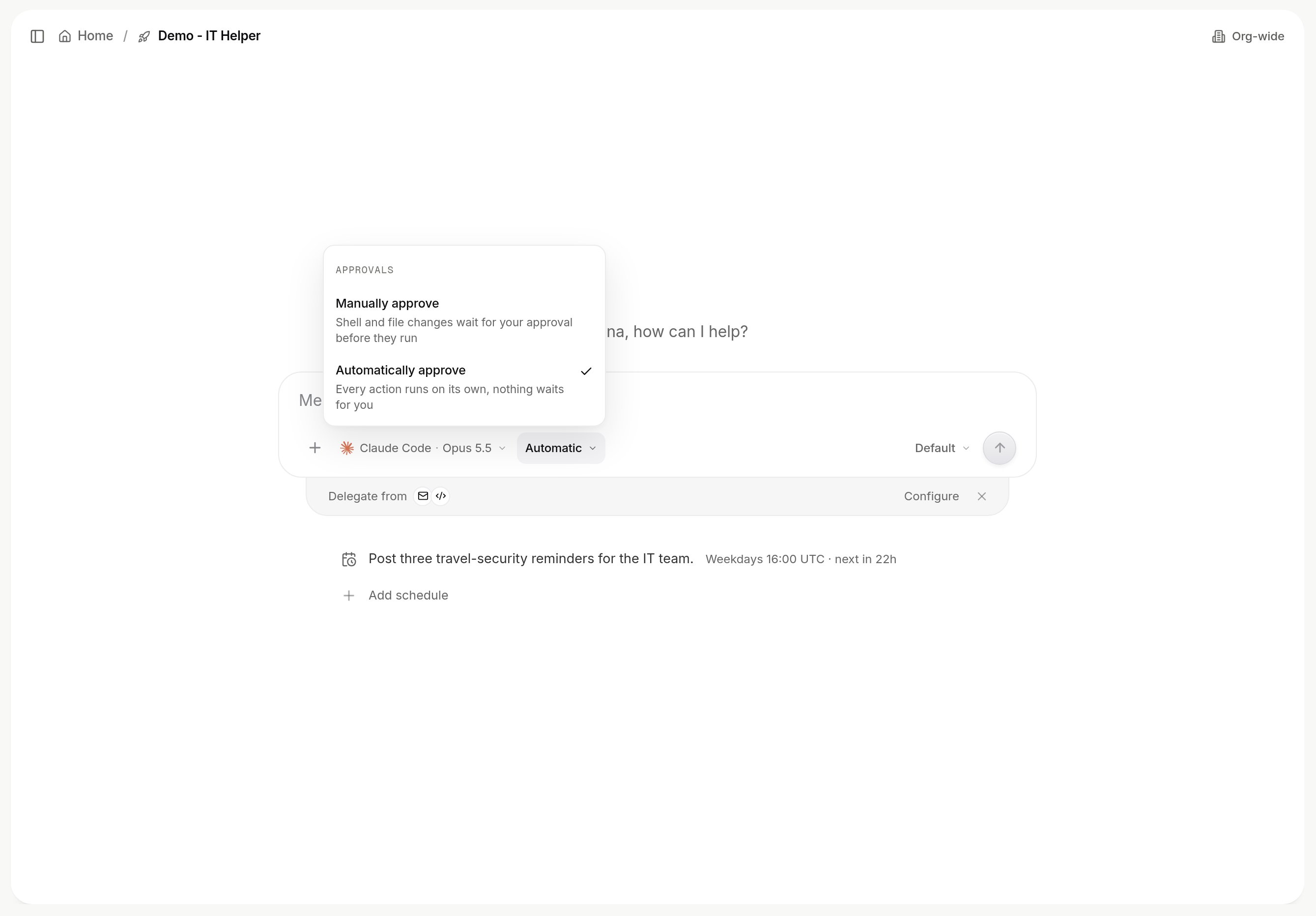 Composer with the Approvals menu open, showing Manually approve and Automatically approve