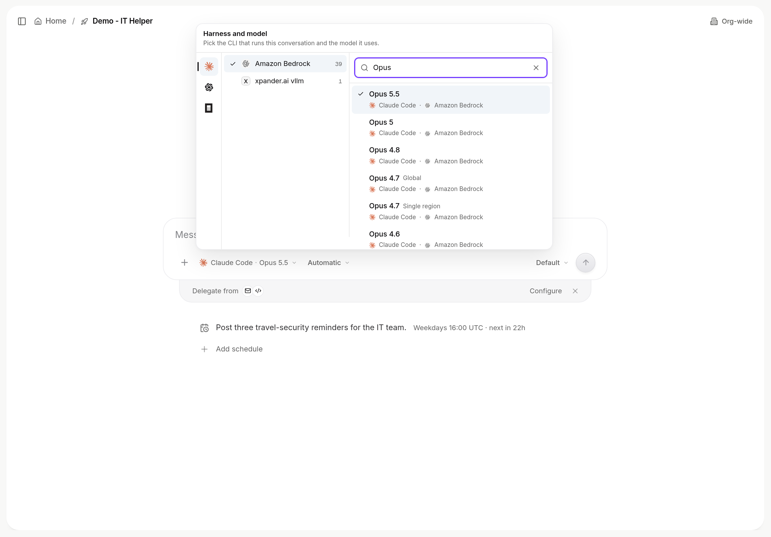 Harness and model picker showing Claude Code models grouped by provider