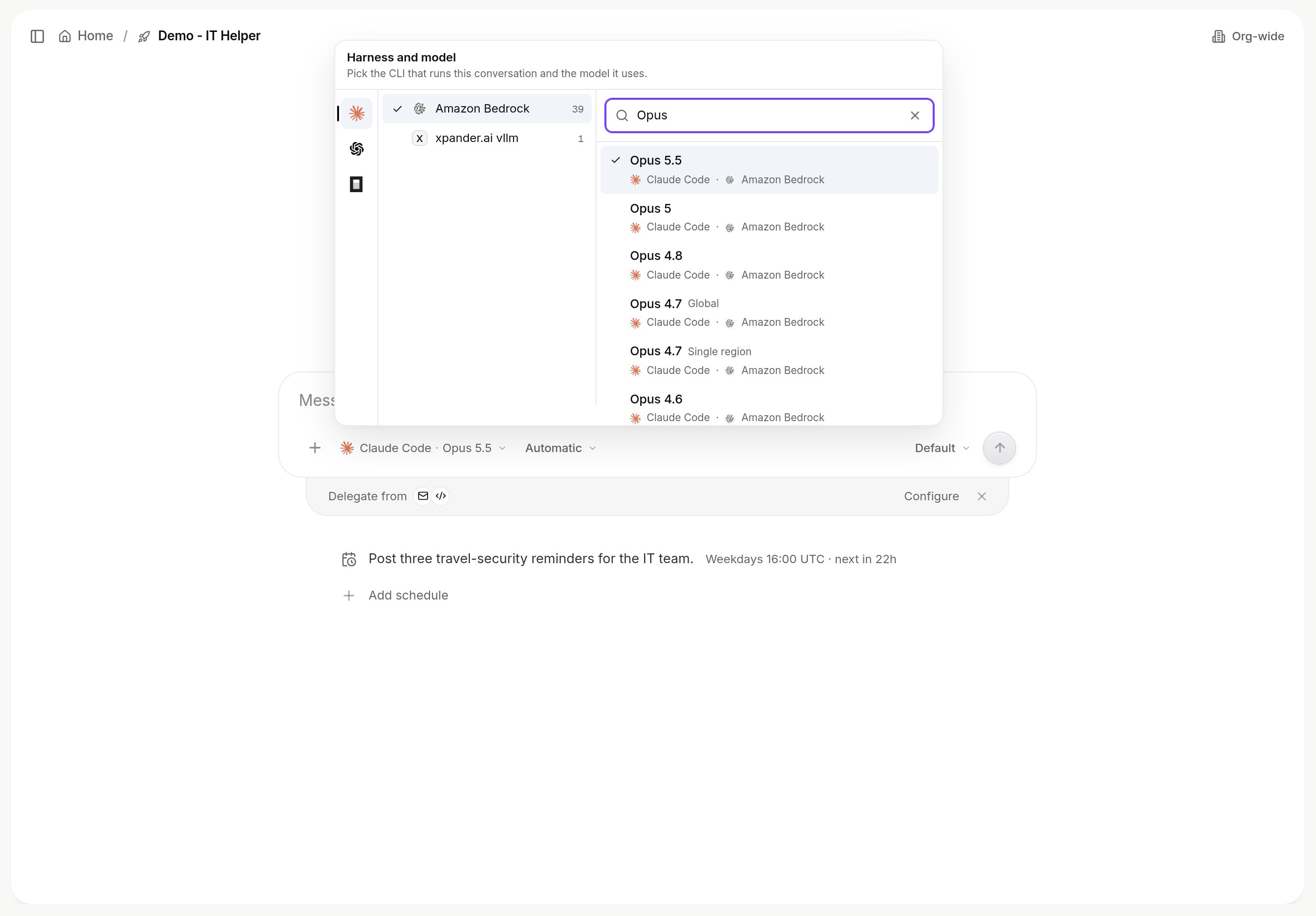 Harness and model picker showing Claude Code models grouped by provider