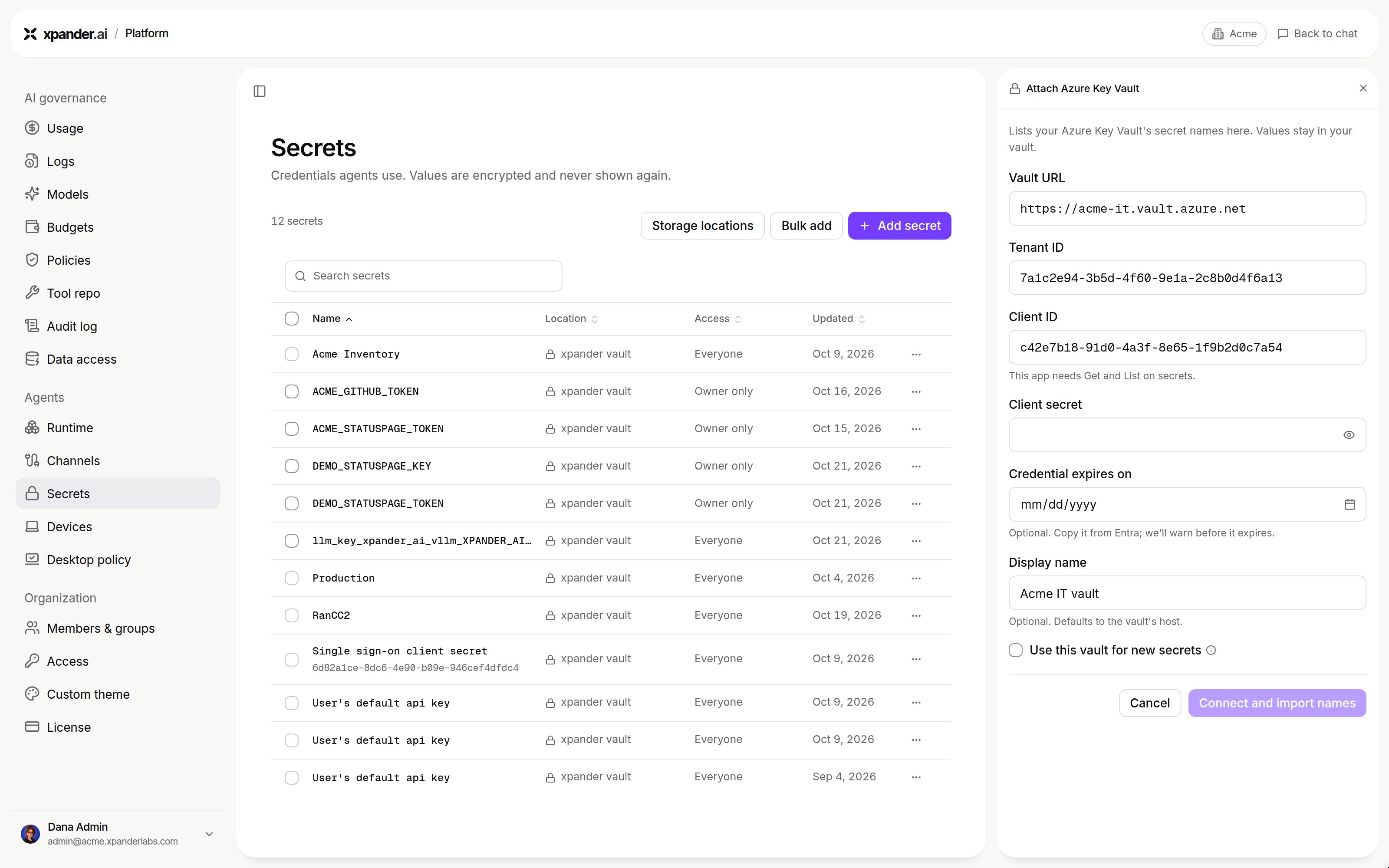 Attach Azure Key Vault panel with Vault URL, Tenant ID, Client ID, Client secret, Credential expires on, Display name and Use this vault for new secrets, filled with sample values