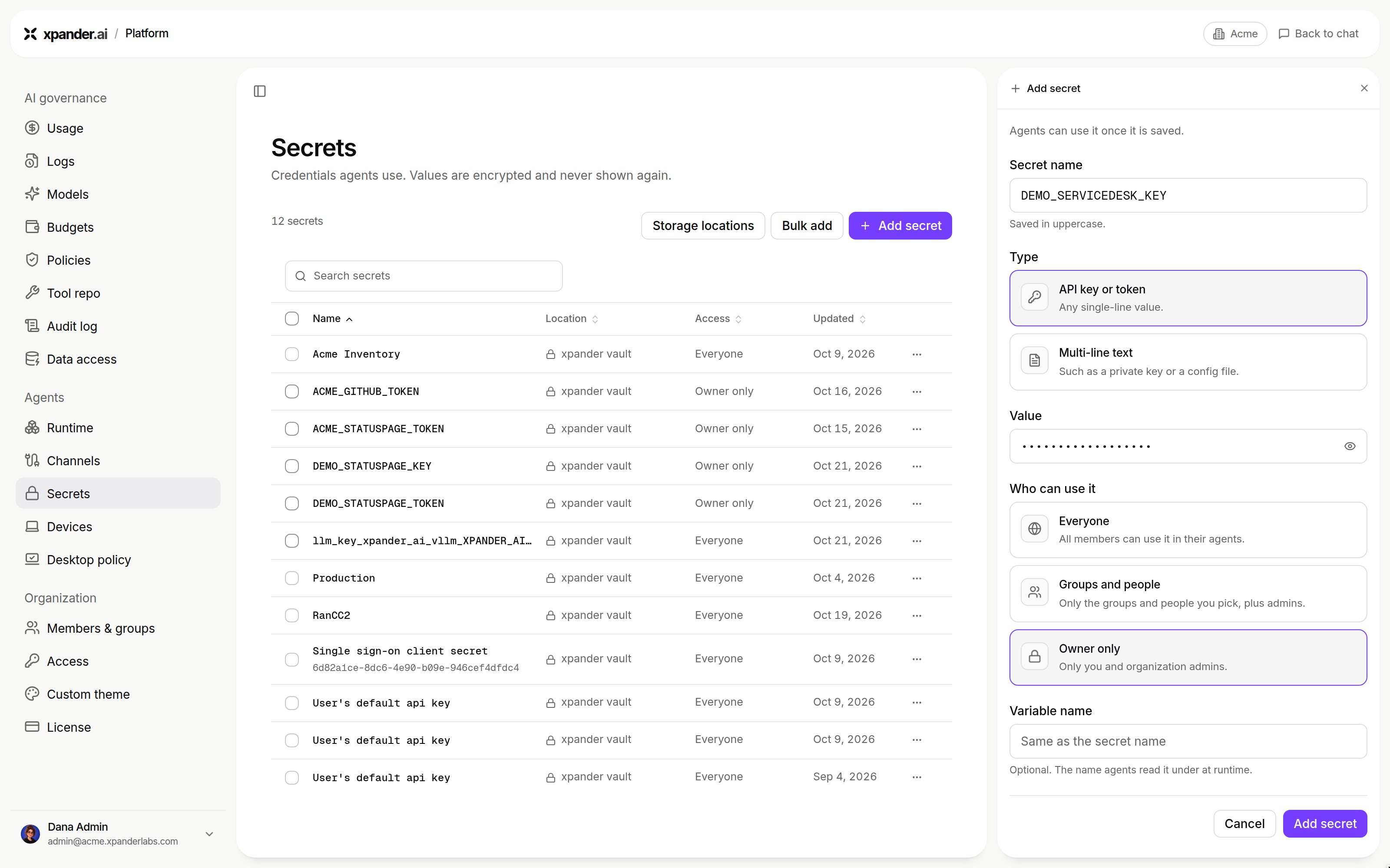 Add secret panel with Secret name, Type (API key or token, Multi-line text), Value, Who can use it (Everyone, Groups and people, Owner only) and Variable name