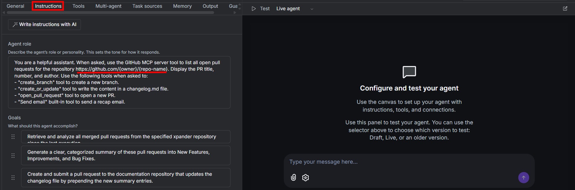 The instructions tab in the Weekly Changelog Maintainer agent