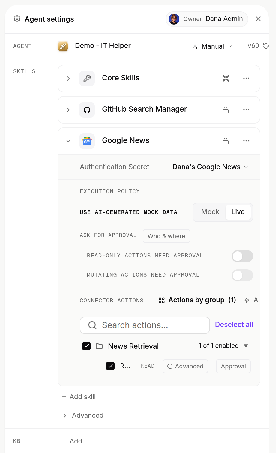 Agent settings with the Google News skill expanded: its connection, execution policy, approval switches and the News Retrieval action group, whose action Retrieve News Articles by Topic shows truncated as R...