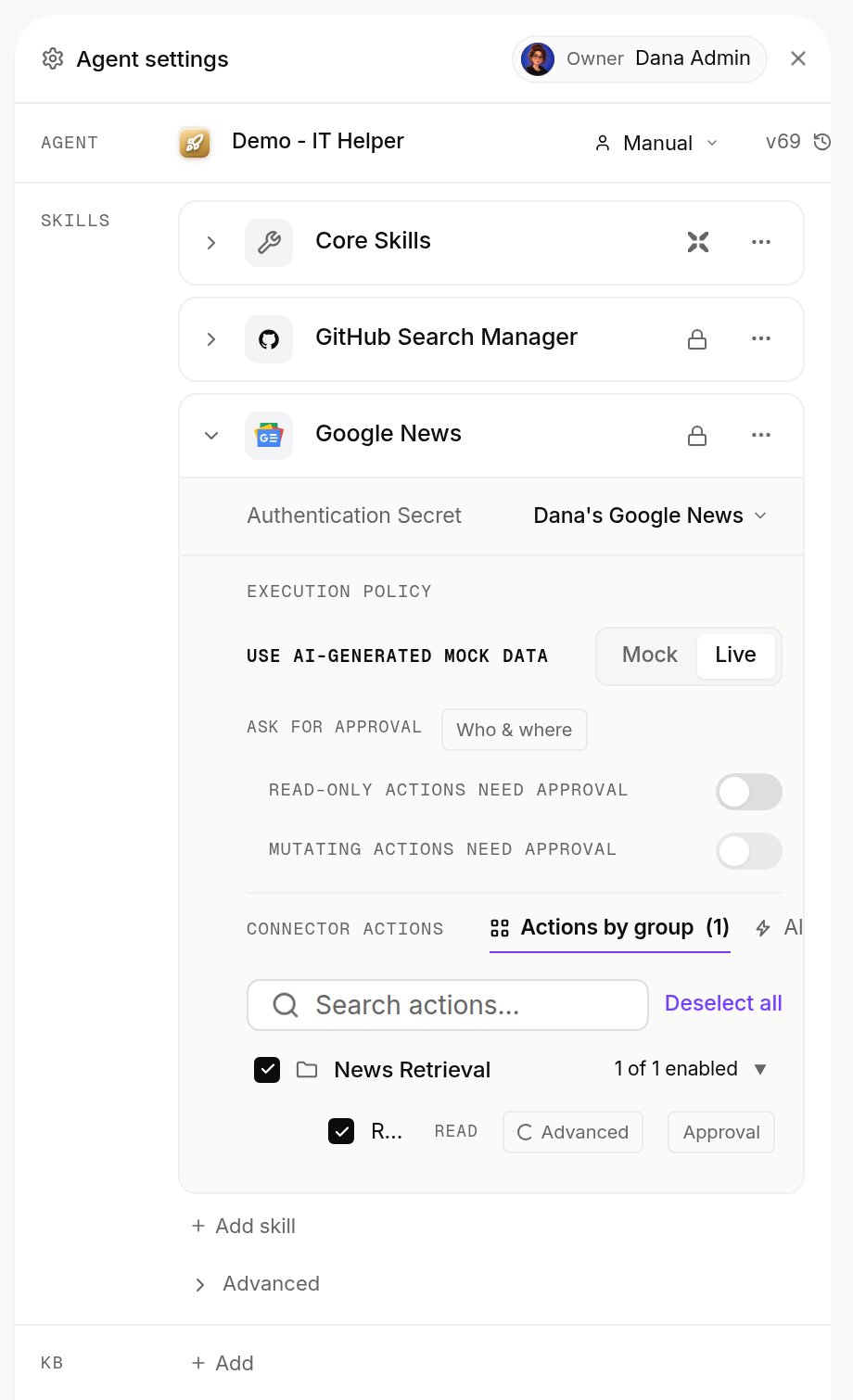 Agent settings with the Google News skill expanded: its connection, execution policy, approval switches and the News Retrieval action group, whose action Retrieve News Articles by Topic shows truncated as R...