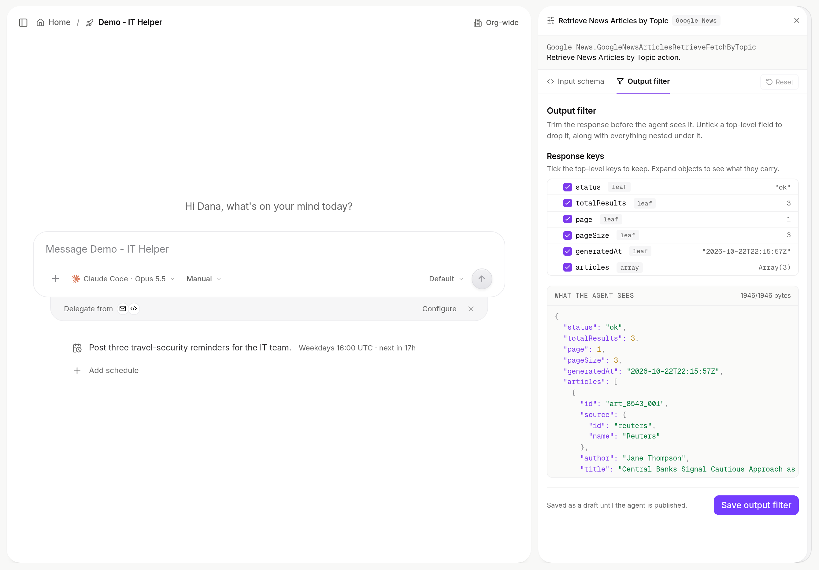 Output filter tab of the Retrieve News Articles by Topic action: Response keys with checkboxes, What the agent sees with the trimmed JSON, and Save output filter