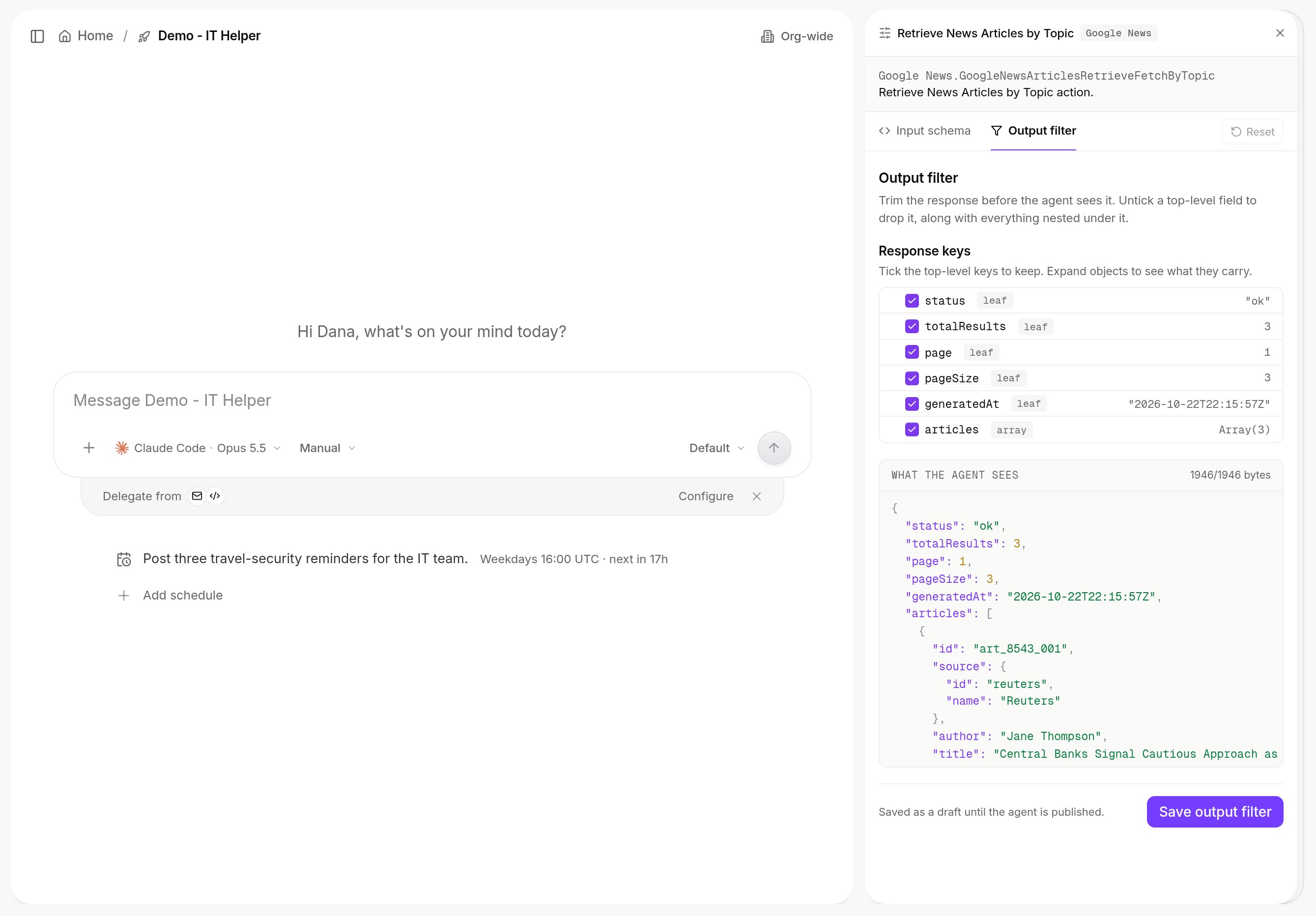 Output filter tab of the Retrieve News Articles by Topic action: Response keys with checkboxes, What the agent sees with the trimmed JSON, and Save output filter