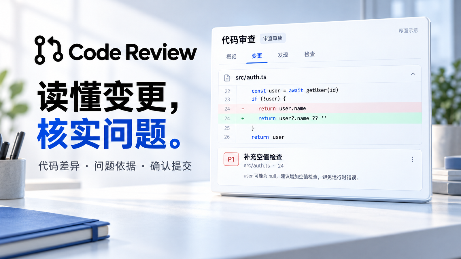 Code Review cover illustrating code diffs and review findings