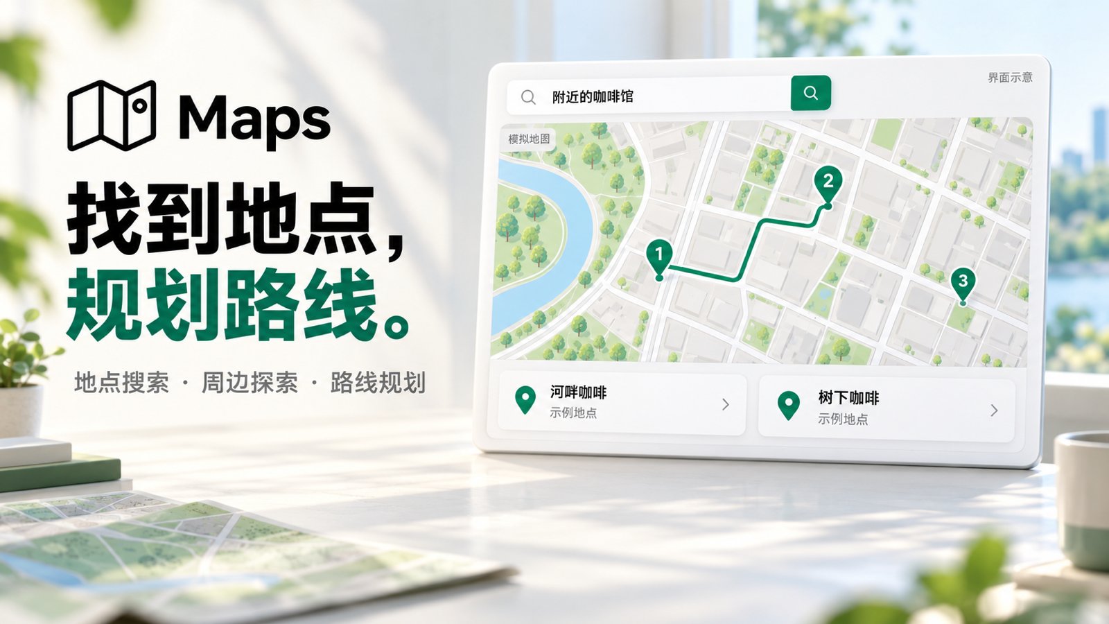 Maps 应用封面:地点搜索与路线规划的模拟界面