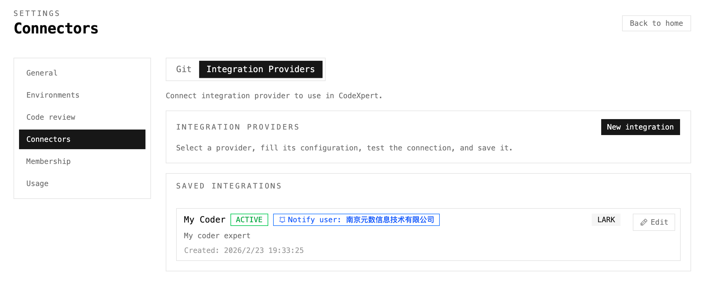 Integration providers configuration