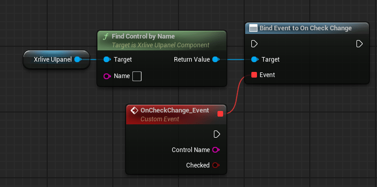 Blueprint graph showing Xrlive Ulpanel reference connected to Find Control by Name, whose Return Value feeds the Target pin of Bind Event to On Check Change. A Custom Event node named OnCheckChange_Event is connected to the Event pin and exposes two output pins: Control Name (string) and Checked (bool).